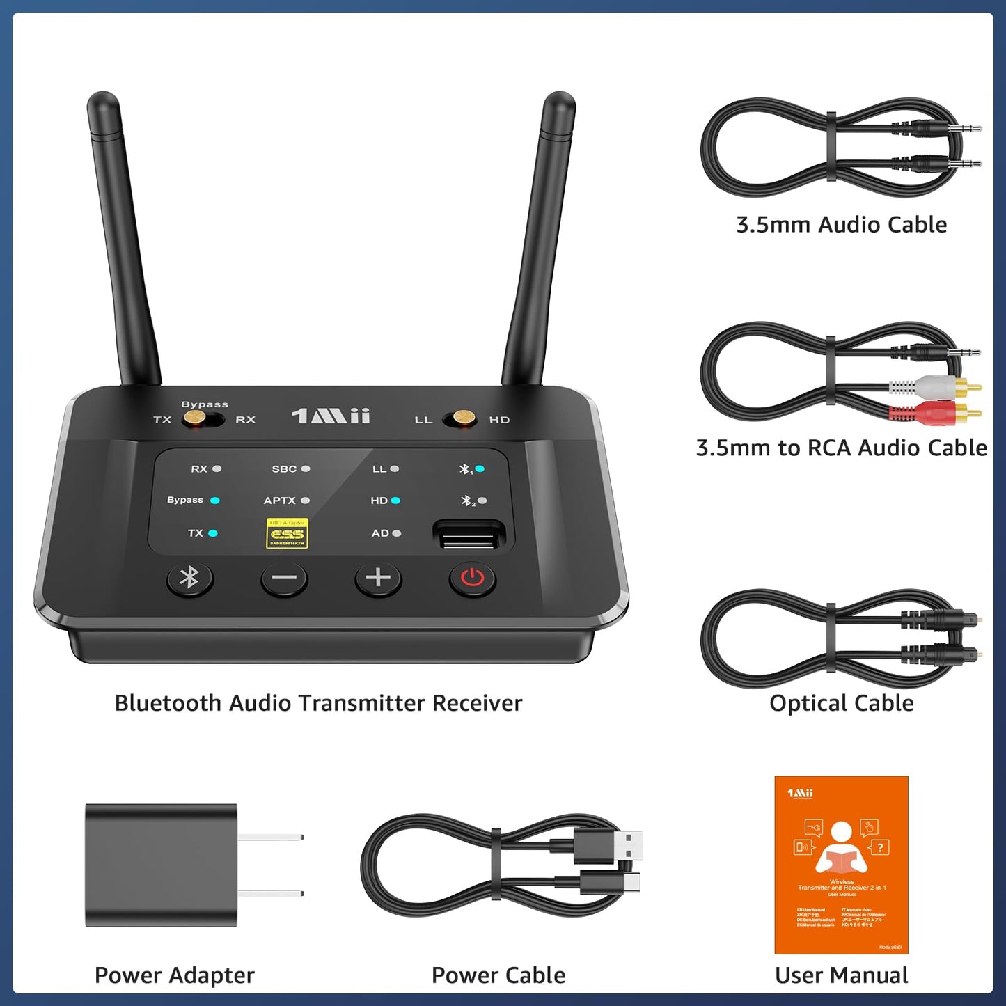 1Mii B03S Bluetooth 5.3 Transmitter Receiver for TV Home Stereo, Wireless Audio Adapters with Audiophile DAC, aptX LL/HD/AD, Dual Link, Upgrade USB Drive Input, Optical RCA AUX 3.5mm Inputs/Outputs