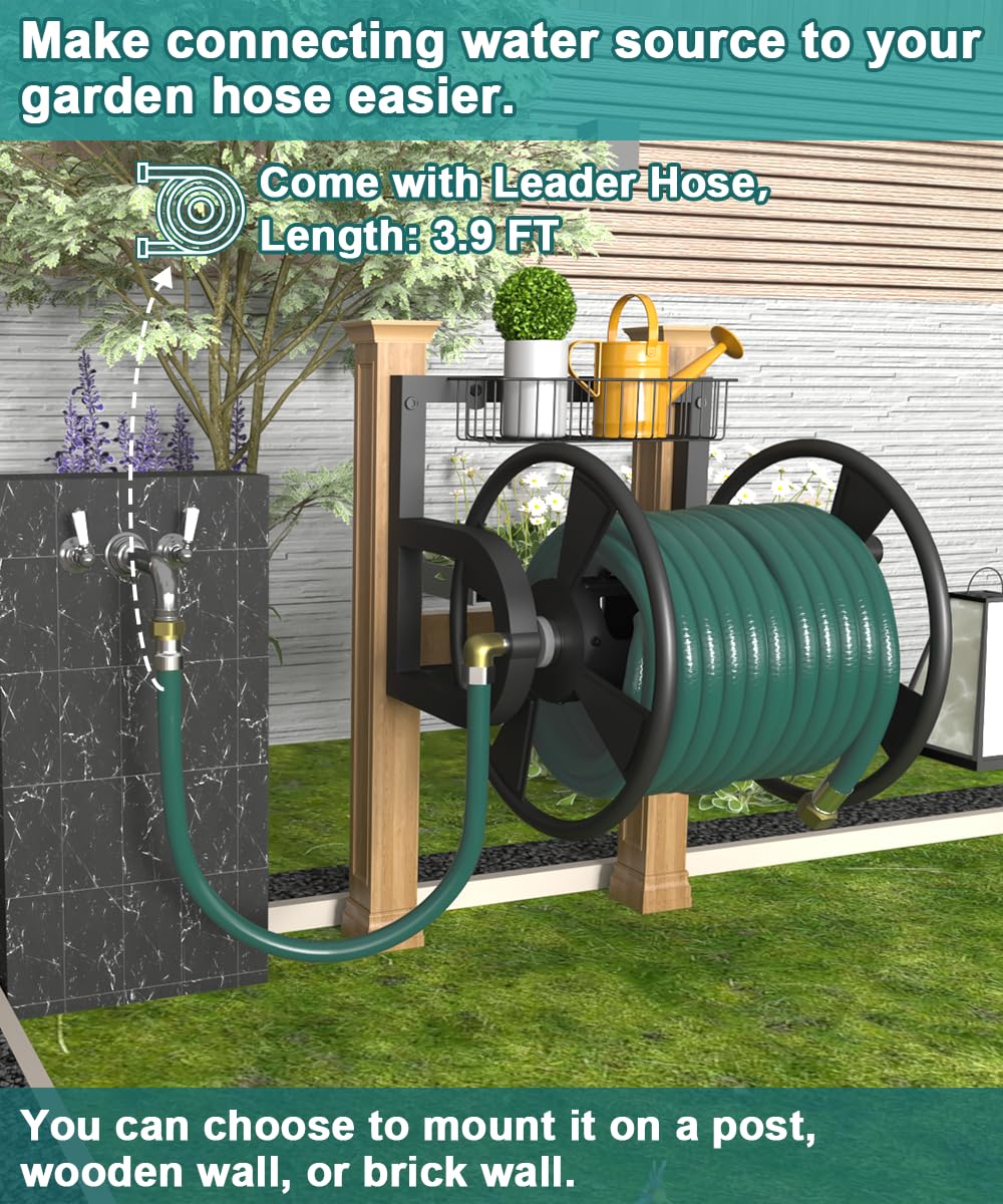 Artigarden Garden Wall Mounted Hose Reel, Outdoor Heavy-Duty Water Hose Holder Winder, Holds 125 Feet of 5/8-Inch Hose, with 3.9 ft Leader Hose, Brass Fitting and Storage Basket for Yard, Black