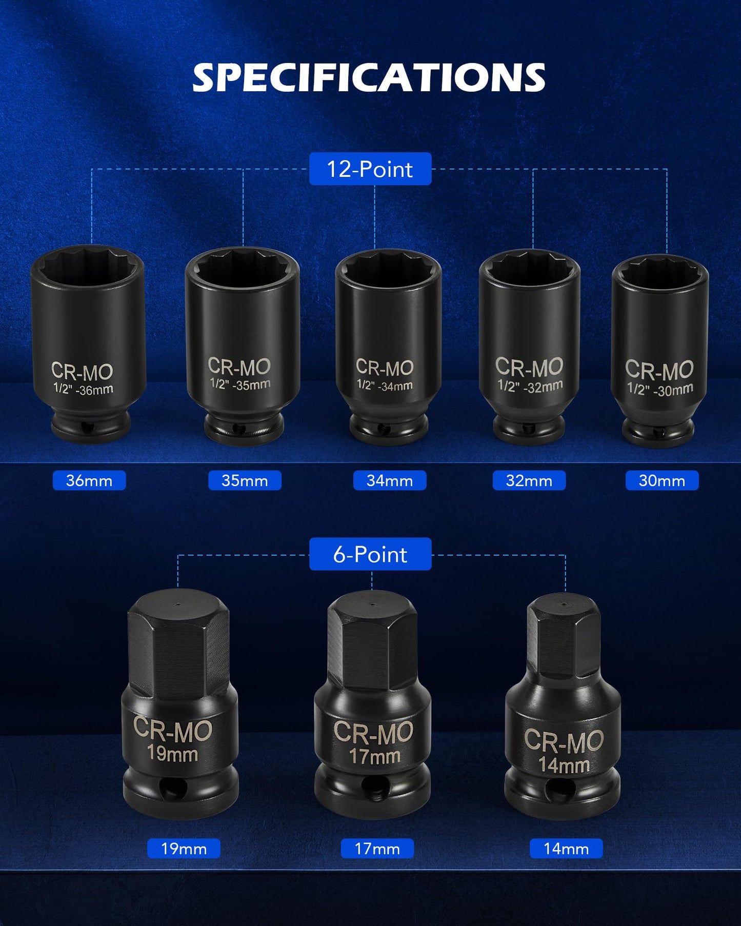 Orion Motor Tech 8pc Axle Nut Socket Set, 1/2 in Drive Metric 12 Point CR-MO Axle Nut Impact Socket Set, Extra-Deep Spindle Axle Nut Sockets with Storage Case, 14mm 17mm 19mm, 30mm 32mm 34mm 35mm 36mm