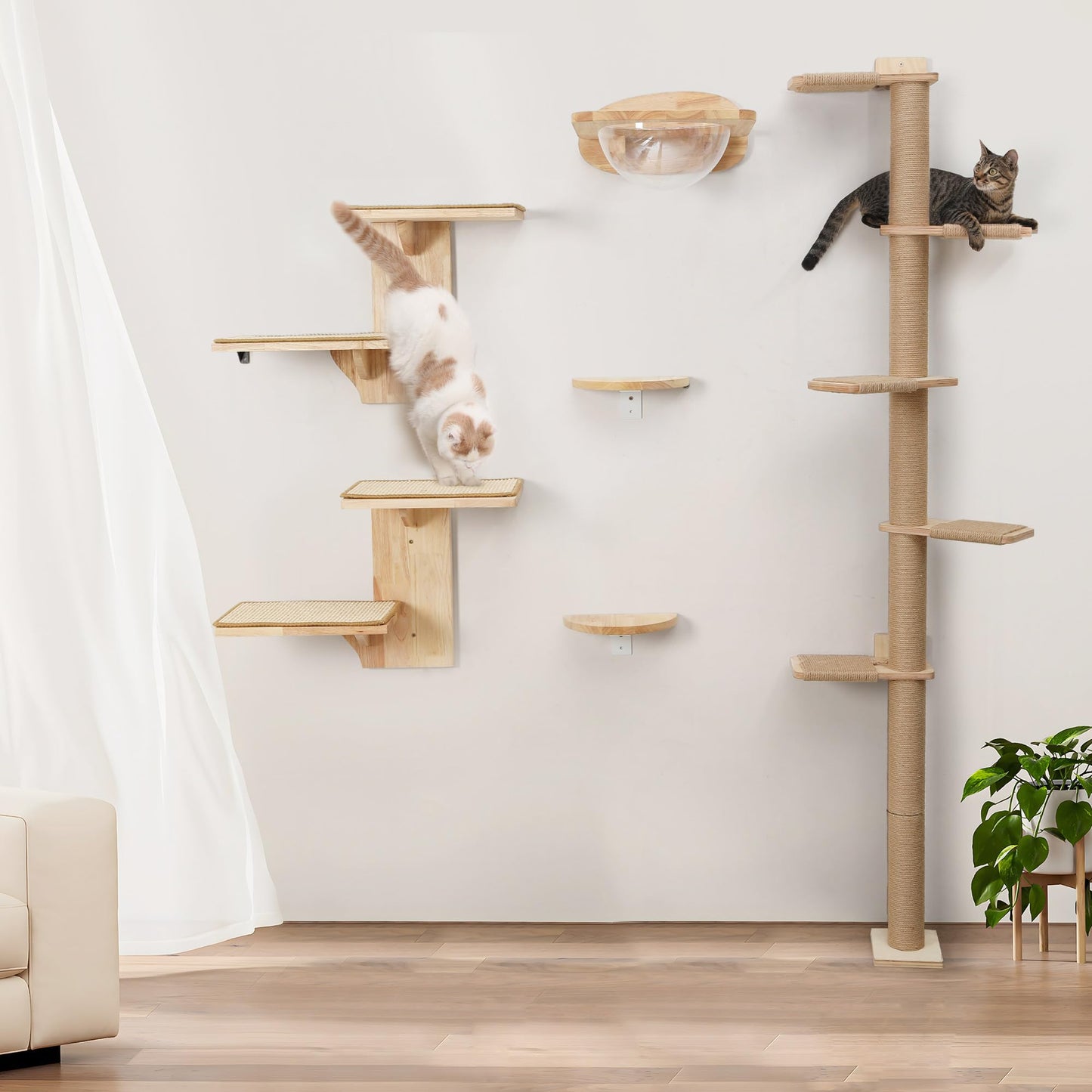 FUKUMARU Cat Wall Shelves, 2 Platform Cat Wall Furniture, Tree Shape Wall-Mounted Cat Floating Shelf with Sisal Mat, Solid Rubber Wood Cat Perch for 16 Inch Drywall, Suitable for Climb, Play, NapQQ