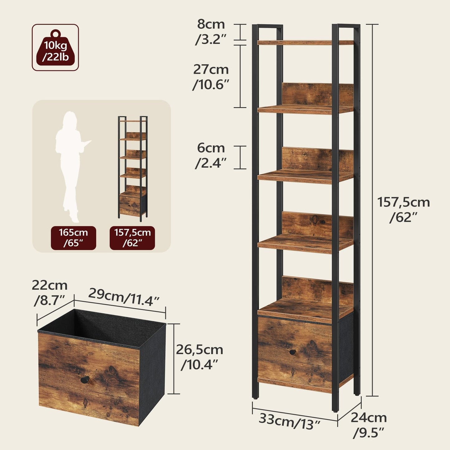 MAHANCRIS Bookshelf, 6 Tier Tall Narrow Bookcase with Drawer, Industrial Shelf Storage Organizer, Display Shelving Unit for Living Room, Home Office, Study, Rustic Brown and Black BKHR66101