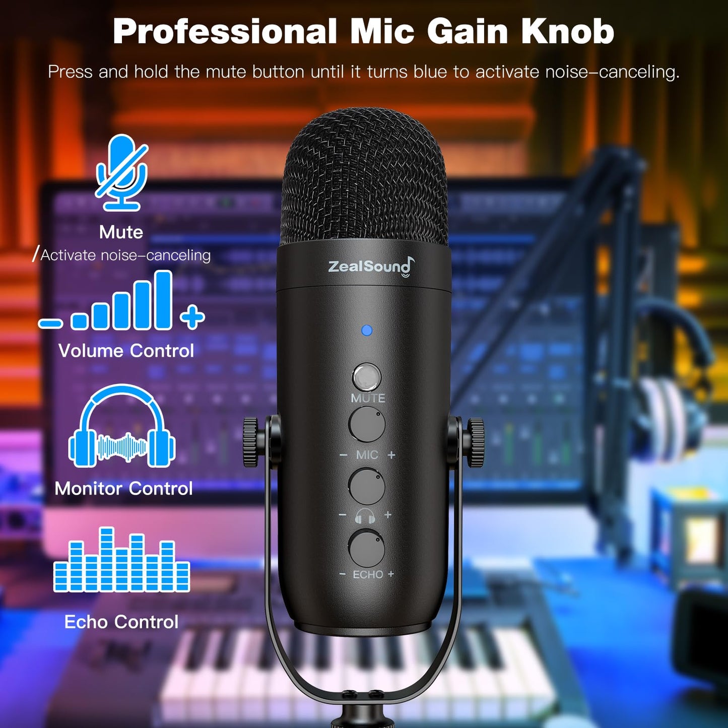 USB Gaming Microphone,ZealSound Noise Cancellation Mic Kit for Phone PC Computer Tablet with Boom Arm Stand,Podcast Condenser Mic set,Mute Button,Echo&Volume Gain Knob,Monitor,Streaming Recording ASMR