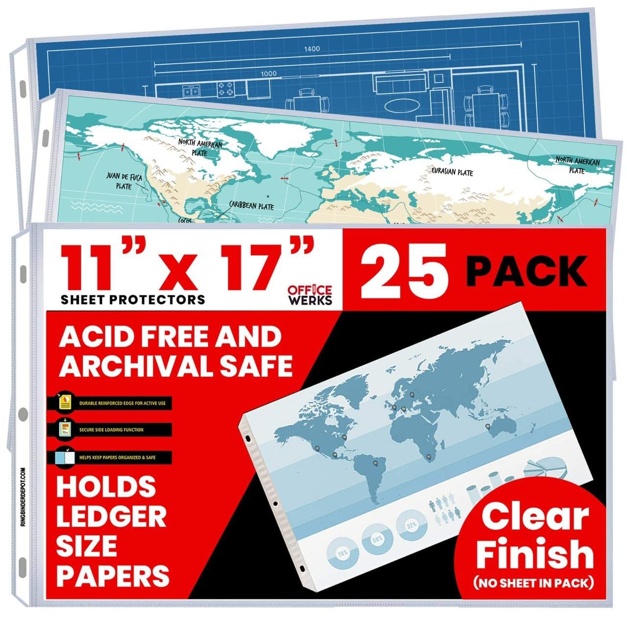 11 x 17 Sheet Protectors, Landscape View, 25 Pack, Side Loading, Protect, Store and Display 11X17 Paper, Photographs, Prints, and Documents