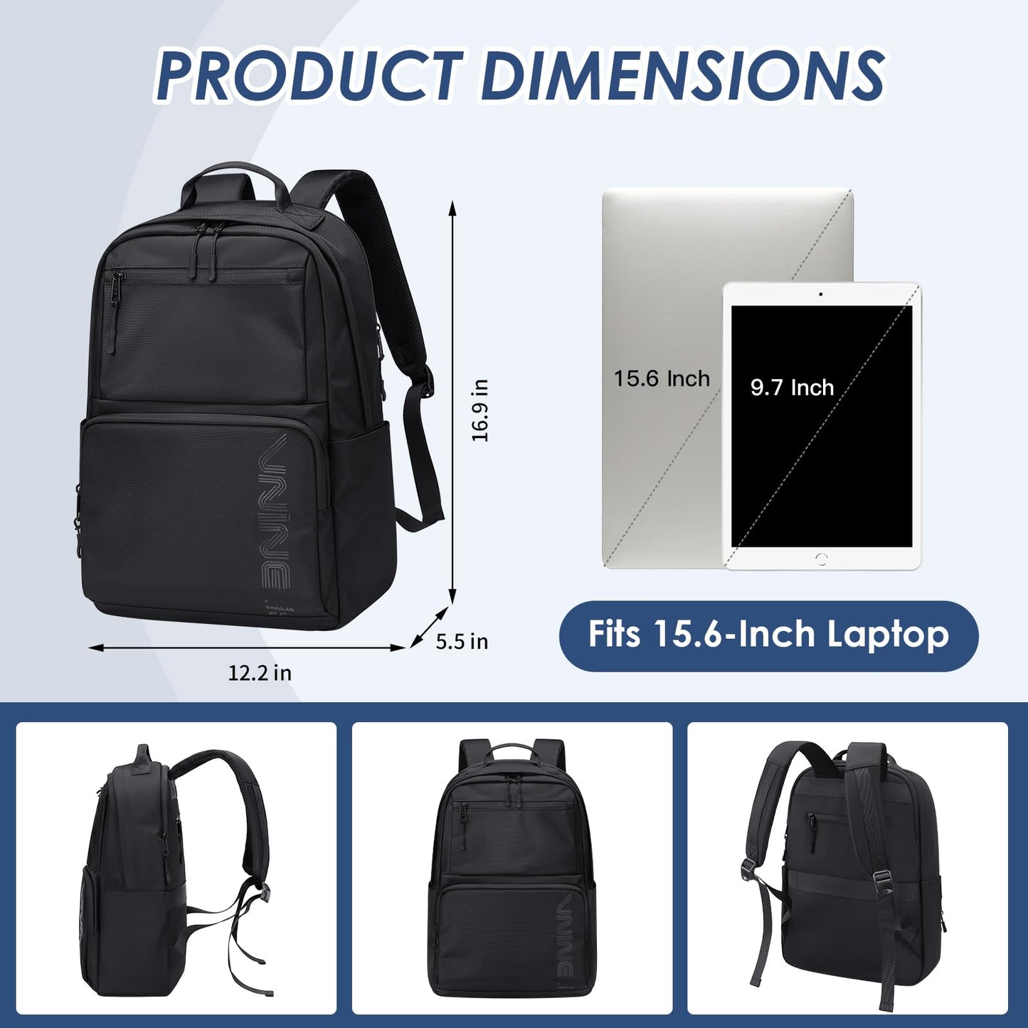 VNINE Laptop Backpack for Women Men 15.6 Inch Computer Work Bag Travel Backpacks Black Casual Backpack for Travel Business College Daypack