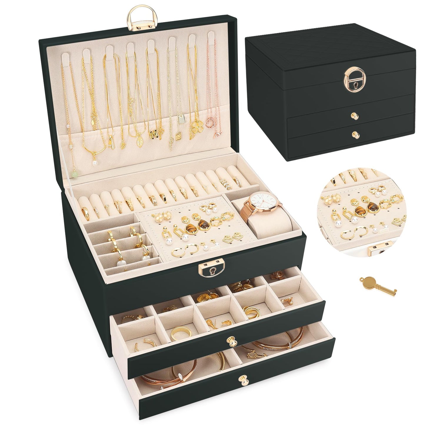 Jewelry Organizer Box, 3-Layer Jewelry Organizer, Soft Lining Jewelry Storage Case PU Leather with Lock, Removable Tray for Jewelry, Jewelry Box Gift for Women Girls, Mother's Day Gift