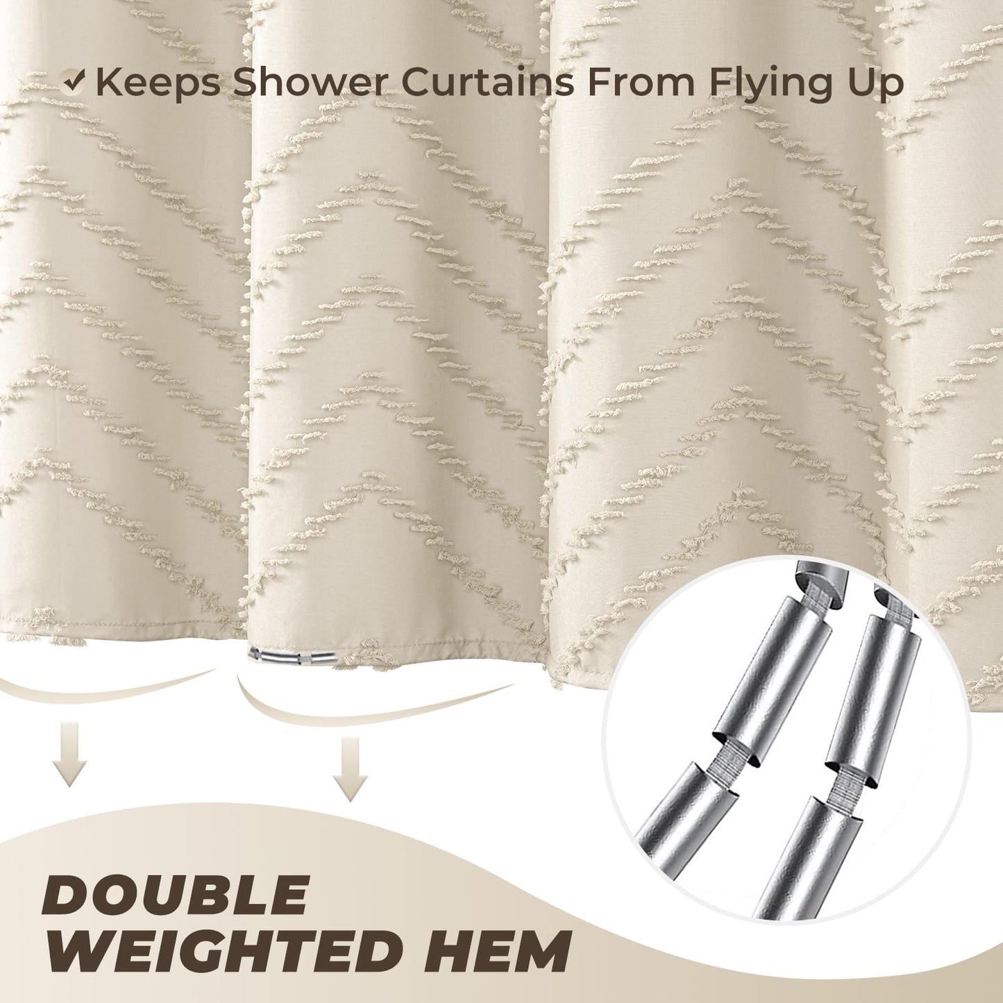 TURKIO Beige Boho Shower Curtain 72 x 72 Modern Farmhouse Shower Curtain Bohemian Chic Tufted Chevron Textured Striped Minimalist Shower Curtain Woven Fabric Cute Beige/Cream Shower Curtain
