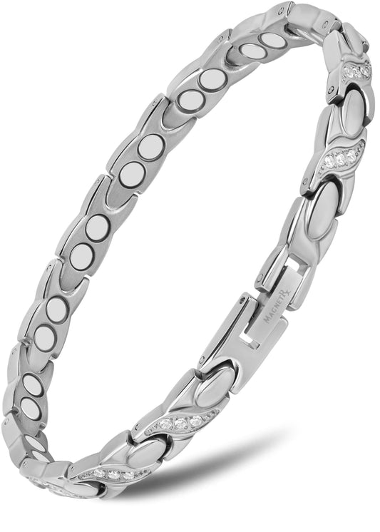 MagnetRX® Ultra Strength Magnetic Bracelets for Women – Double Magnet Stainless Steel Crystal Bracelet for Women – Adjustable Bracelet Length with Sizing Tool (Silver XO)