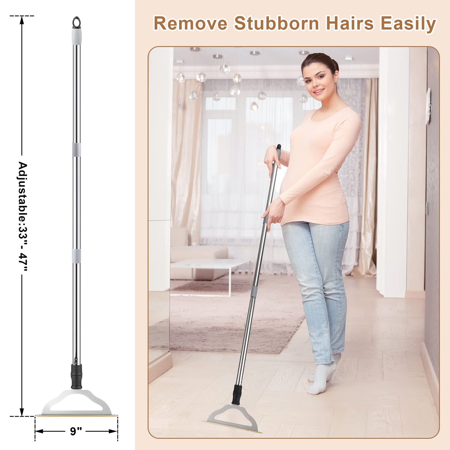 47“ Adjustable Long Handle Carpet Rake Pet Hair Remover, Reusable Metal Lint Remover Brush for Stubborn Fur Removal from Carpets Rugs Stairs, Carpet Brush Scraper Dog Cat Hair Remover Broom