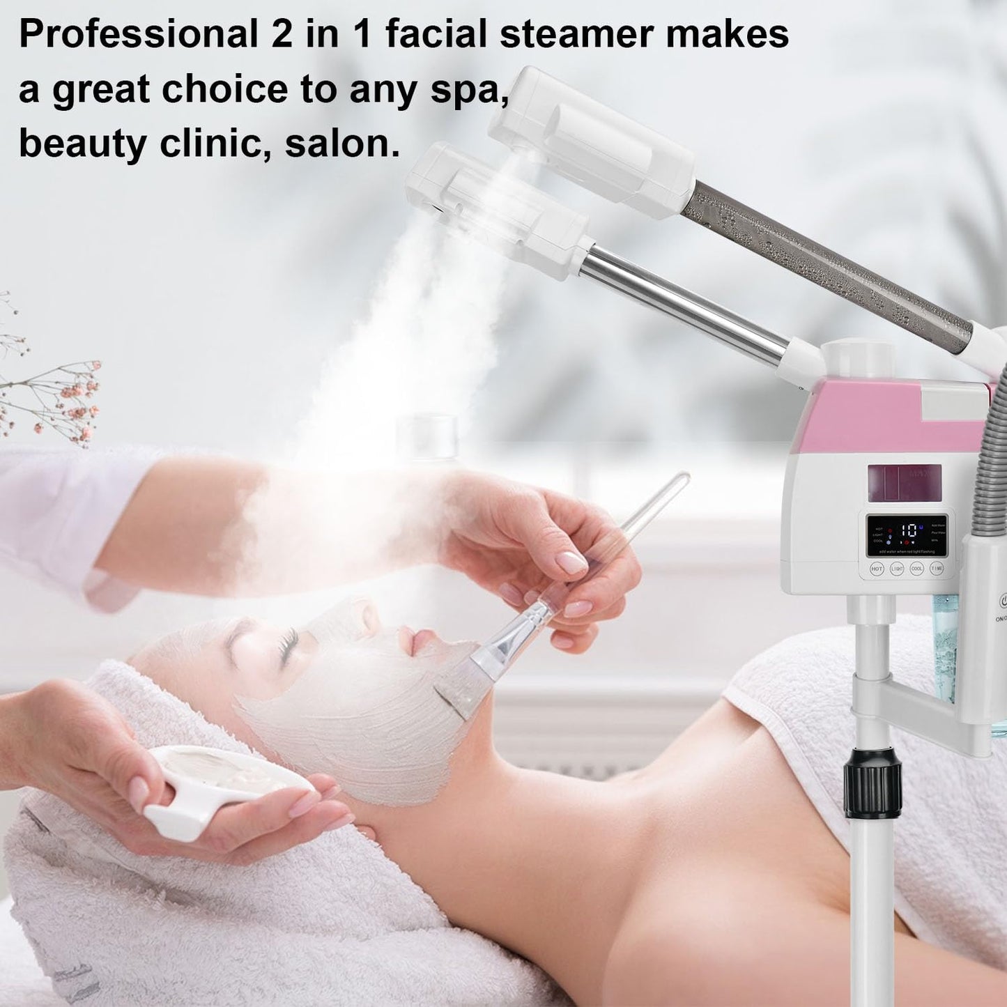 Professional Facial Steamer, 3 in 1 Facial Steamer with 5X Magnifying Lamp Hot&Cool Mist, Esthetician Steamer on Wheels, Stand Face Steamer with Time Setting for Home Salon Spa