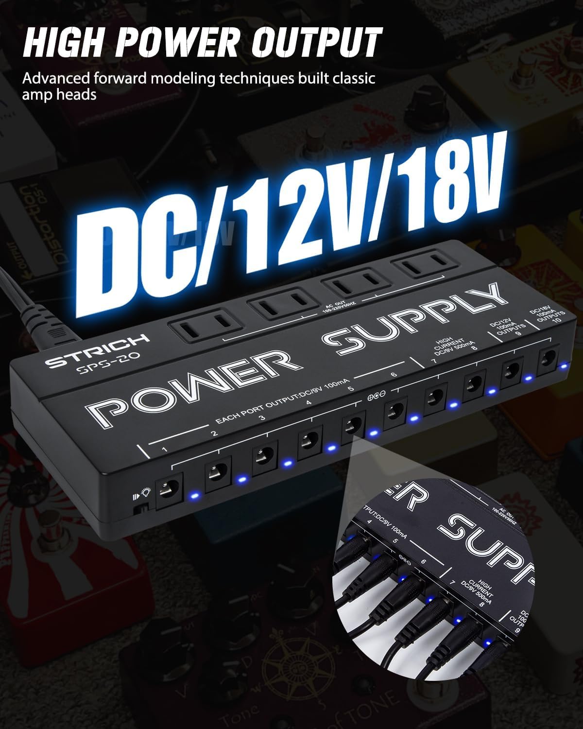 STRICH SPS-20 Guitar Pedal Power Supply, 10 Independent DC Output for 9V/12V/18V Guitar Bass Effect Pedals, 100mA 500mA Pedalboard Power Supply with Short Circuit Protection