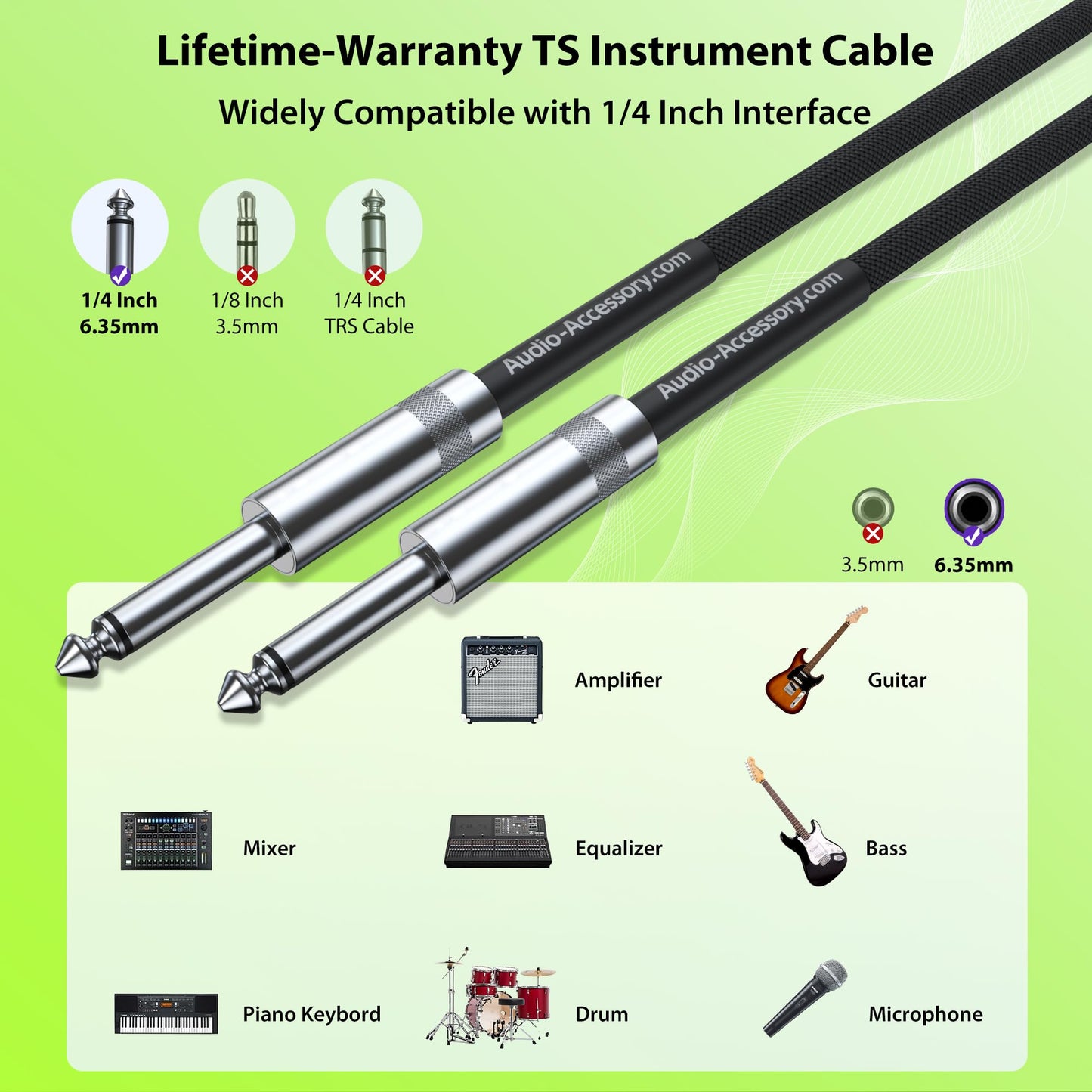 AA AUDIO ACCESSORY Guitar Cable 6.6ft 2 Pack, Nylon Braided Anti-Kinking Kevlar-Reinforced, 20AWG 99.99% OFC, Heat-Shrink Protected 1/4 Instrument Cable, Shielded Amp Cord for Fender Electric Guitar