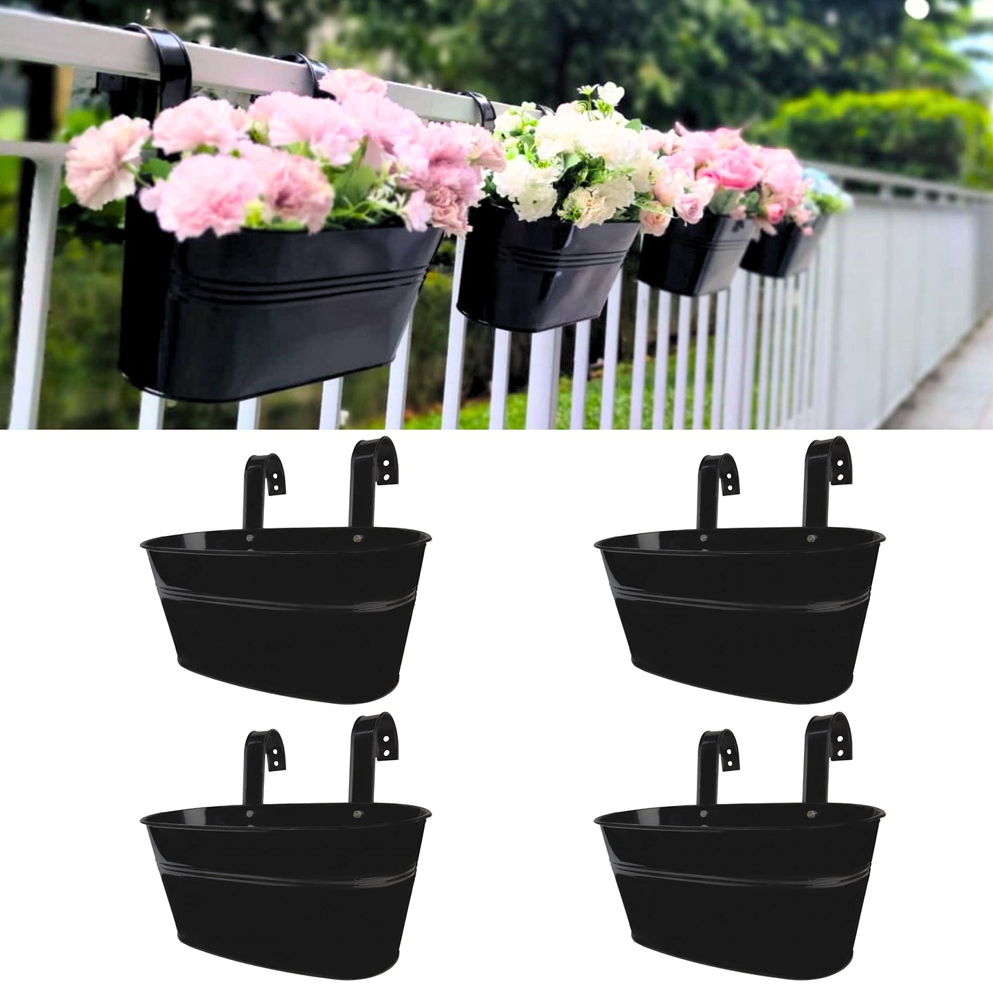 LaLaGreen Rail Planter Outdoor Plants(11.8 Inch, 15 Pack) Black Metal Iron Hanging Flower Pots Deck Railings Fence Buckets Modern Countryside Boho Style Wall Mount Window Box Plant Holder Porch Decor