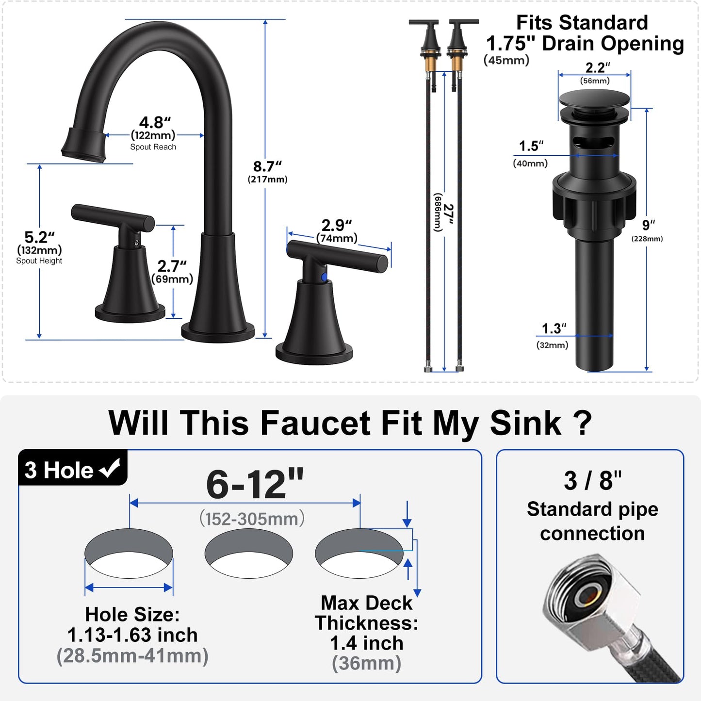 Bathroom Faucets for Sink 3 Hole, Hurran Matte Black Bathroom Sink Faucet with Pop-up Drain and Supply Lines, Stainless Steel Lead-Free Widespread Faucet for Bathroom Sink Vanity RV Farmhouse Sink