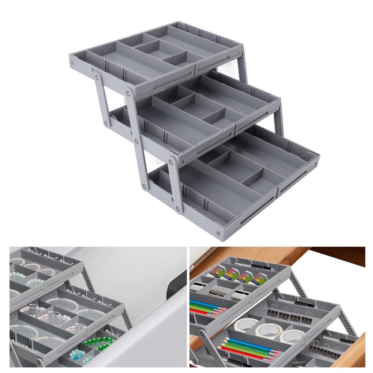 3 Tier Drawer Organizer, Expandable Junk Multi Level Folding Smart Drawer Organizer for Makeup, Jewelry, Desk, Office Drawers (3 Tier)