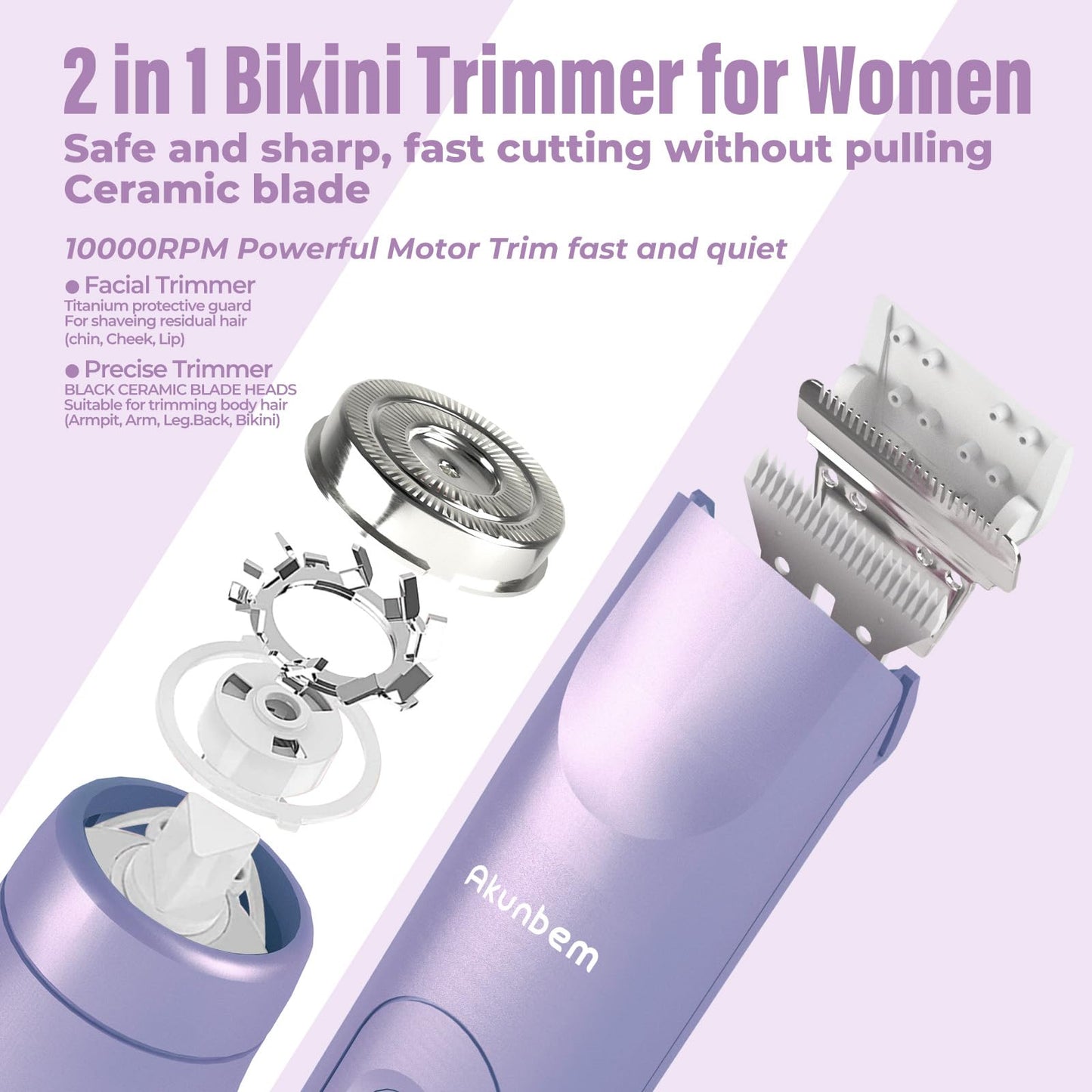 Akunbem 2 in 1 Women Electric Shaver Dual Head Bikini Trimmer for Women IPX7 Waterproof Wet & Dry Use Body Hair Trimmer and Facial Hair Remover for Bikini Underarm Leg Arm Body Face, Purple