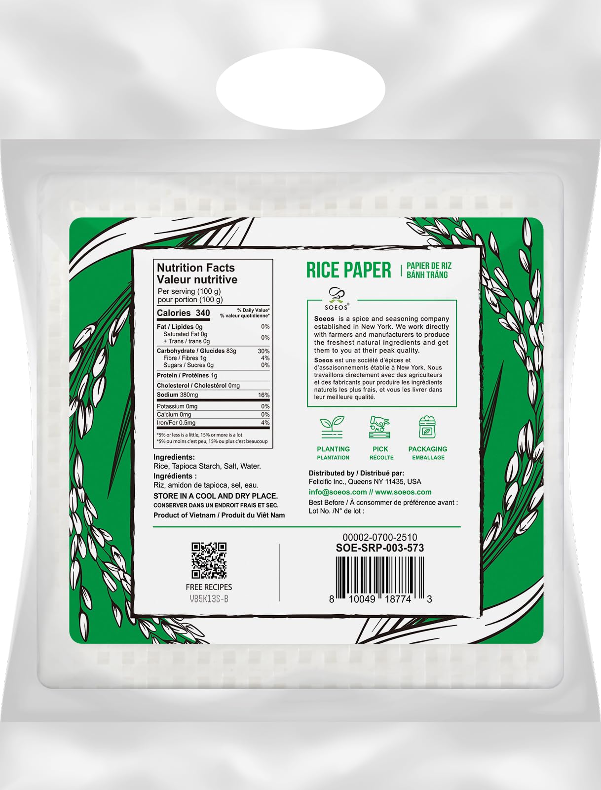 Soeos Rice Paper, White Rice Paper Wrappers, 3 Pack, 102 Sheets-Fresh Spring Roll Wrappers & Dumplings, Non-GMO, Gluten-Free, Low Carb, Vietnamese Rice Wraps (Square, 22cm)