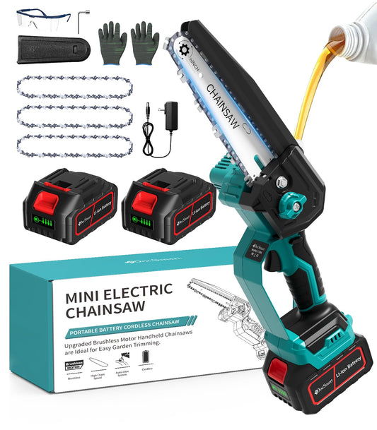 Mini Chainsaw Cordless with 2pcs 3000mAh Rechargeable Batteries 1000W Brushless Motor, 6 inch Electric Hand Saw for Cutting Wood Tree Trimming, Gifts for Father's Day
