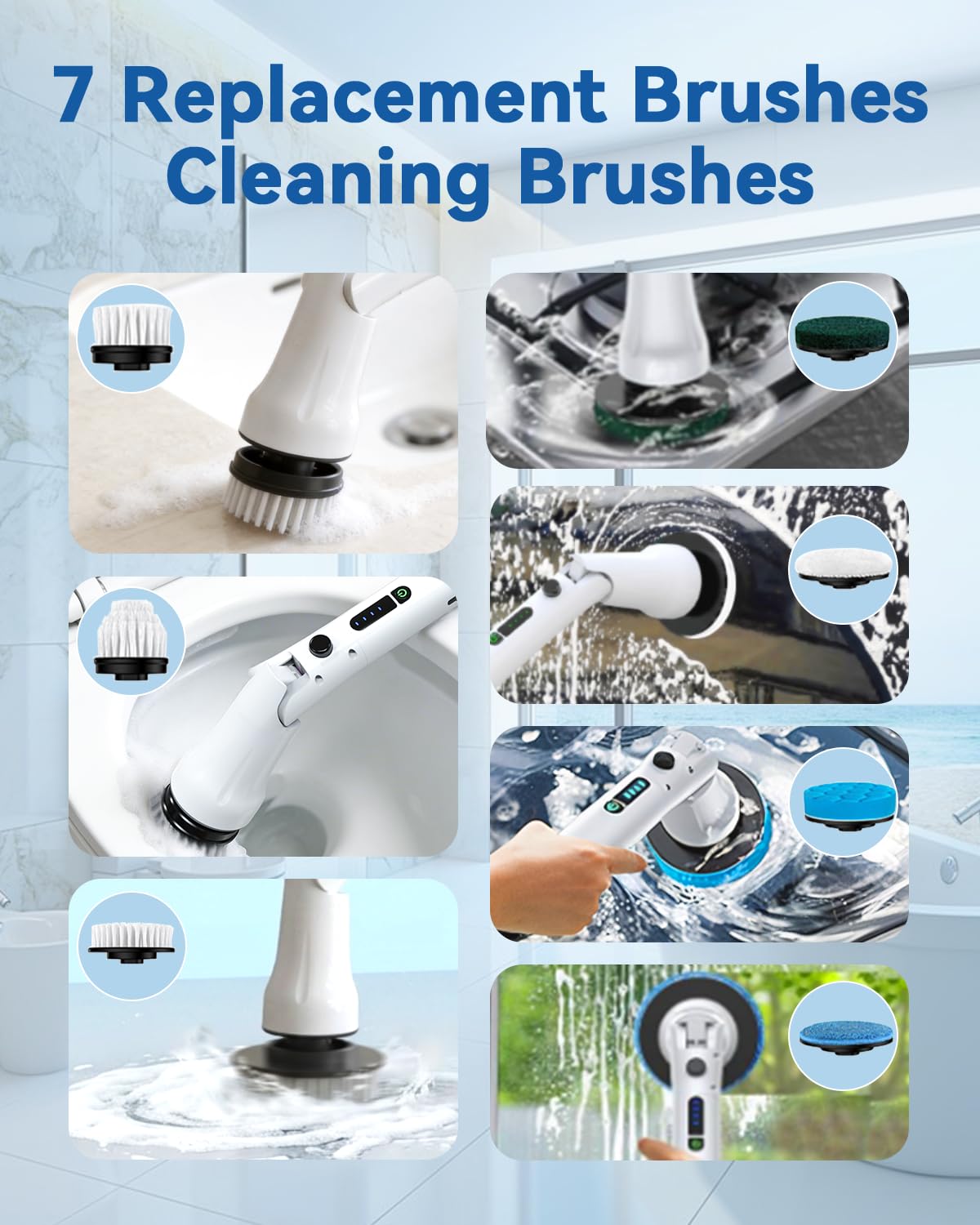 Electric Spin Scrubber, Hillyfe Power Shower Cleaning Brush with 8 Replaceable Brush Heads, IPX7 Waterproof, 2 Speeds (300/400 RPM) Electric Scrubber with Wall Mount Hook for Bathtub, Floor