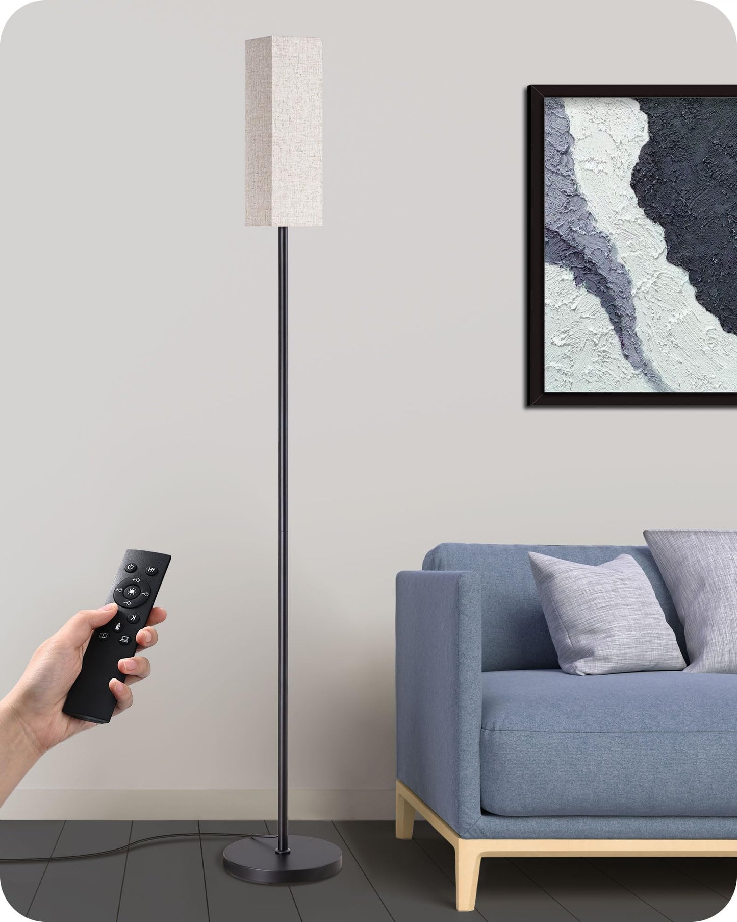 EDISHINE Modern Corner Floor Lamp, 65" Minimalist Pole Lamp with Remote, Dimmable Tall Reading Light for Living Room, Bedroom, Office, 9W LED Bulb Included (Black)