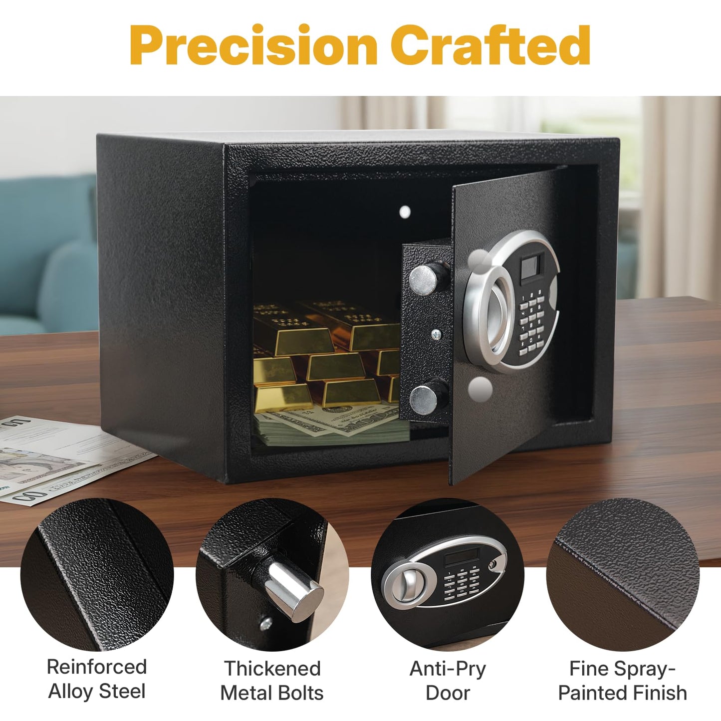 JEAWIWI Black 1.3 Cubic Feet Safe Box, Security Lock Money Safe with Key and Electronic Keypad, Removable Shelf, Safes for Documents, Jewelry, Valuables, 13.7" x 9.8" x 9.8" Inches
