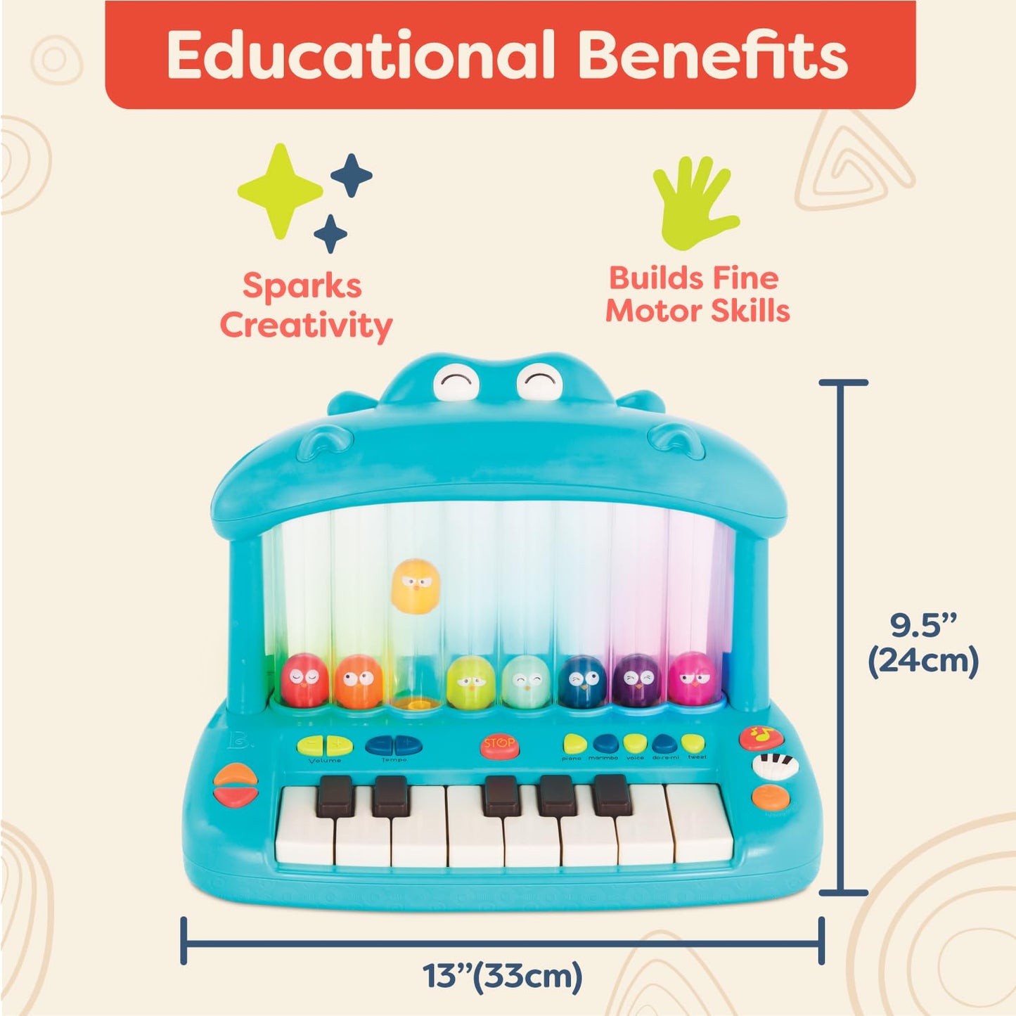 B. toys – Hippo Pop – Musical Toy Keyboard – Play Piano – Songs, Sounds & Lights – Musical Instrument for Toddlers, Kids – 12+ Months