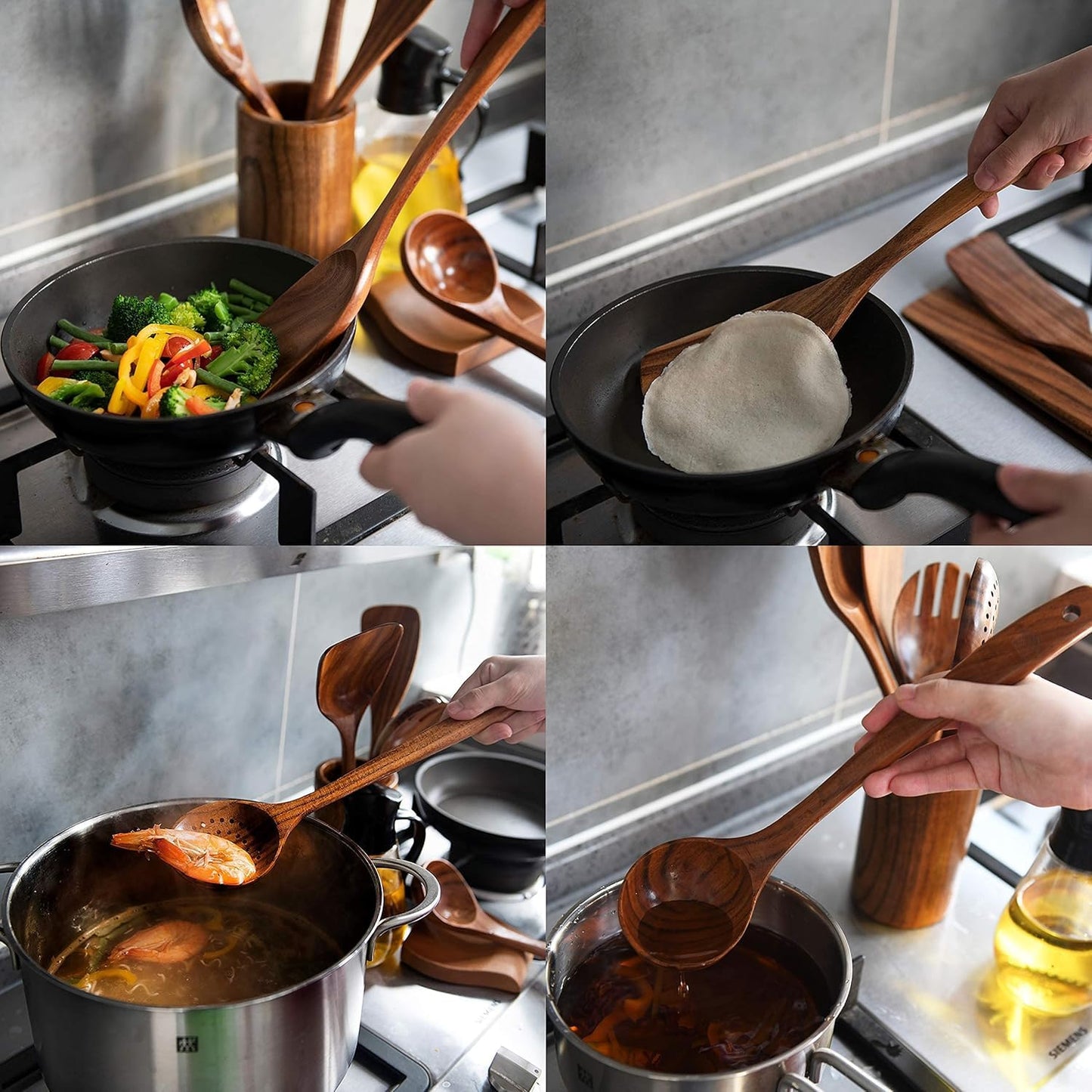 Wooden Spoons for Cooking, Cooking Utensils Set, Kitchen Utensil Set with Holder, Spoon Rest & Hanging Hooks, Teak Wood Nonstick Cookware – Durable Set of 8pcs by Woodenhouse