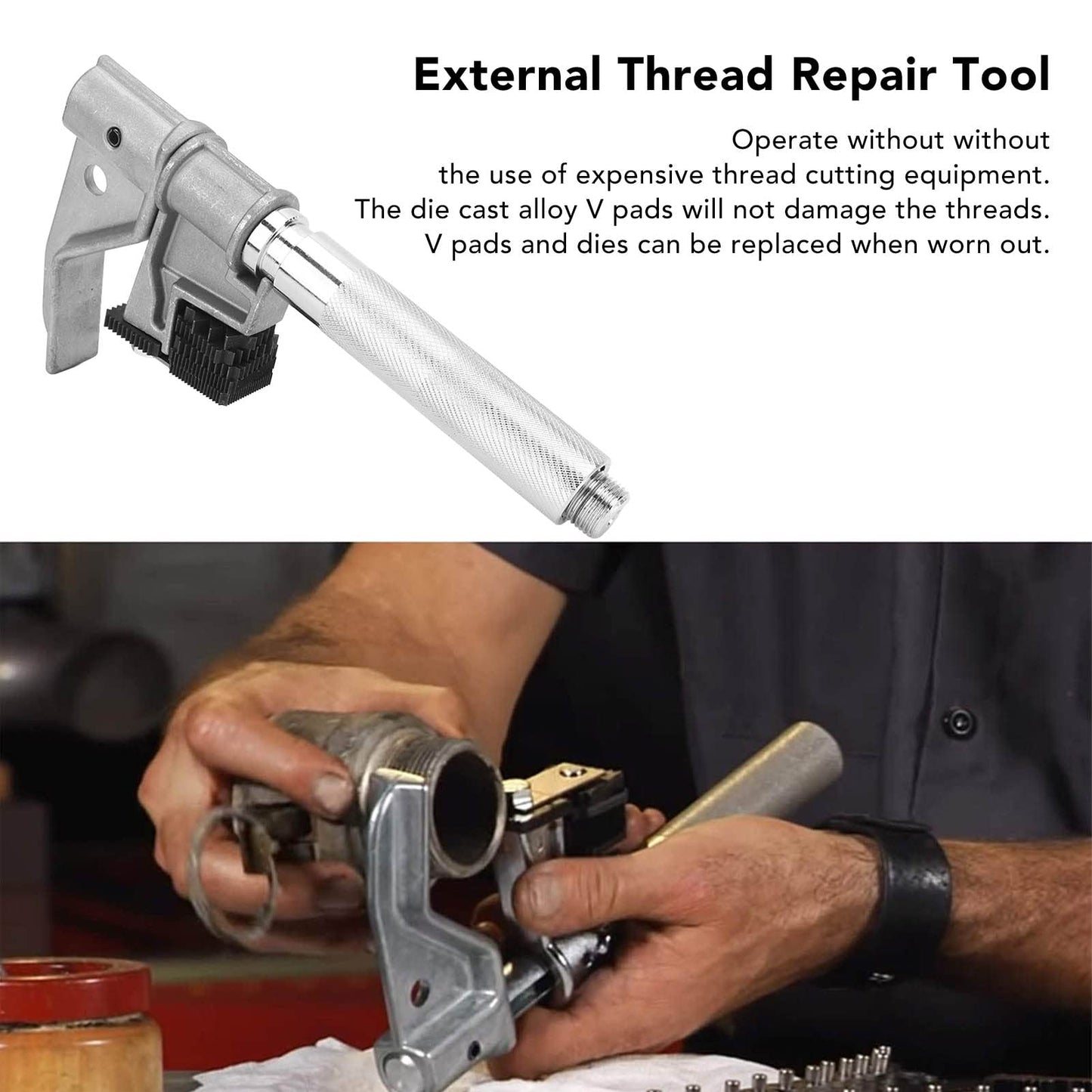 OTC 7402 and 202817 Universal Outside Thread Chaser Repair Tool for 1-1/4in to 5in O. D. External Thread Repair Tool for Wheel, RV, ATV, Truck, Aluminum Silver