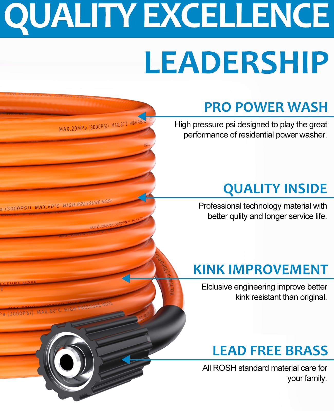 XENDY WASHER 1/4 Pressure Washer Hose 50FT,Power Washer Hose Kink Free High Pressure Hose M22 14MM Solid Fittings Pressur Washer Replacement Hose Light Weight Orange