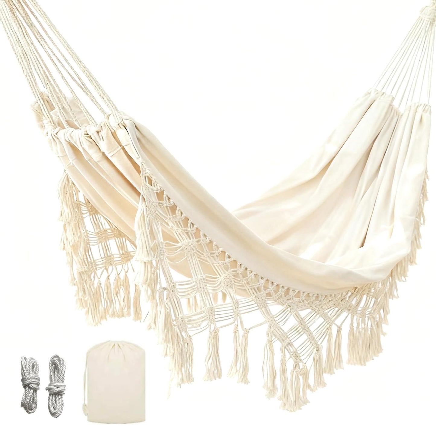 Goutime Double Sized Boho Macrame Black Hammock with Elegant Tassels and Fishtail Knitting 485Lbs Includes Tie Ropes and Black,Beige, Drawstring Bag (Beige)