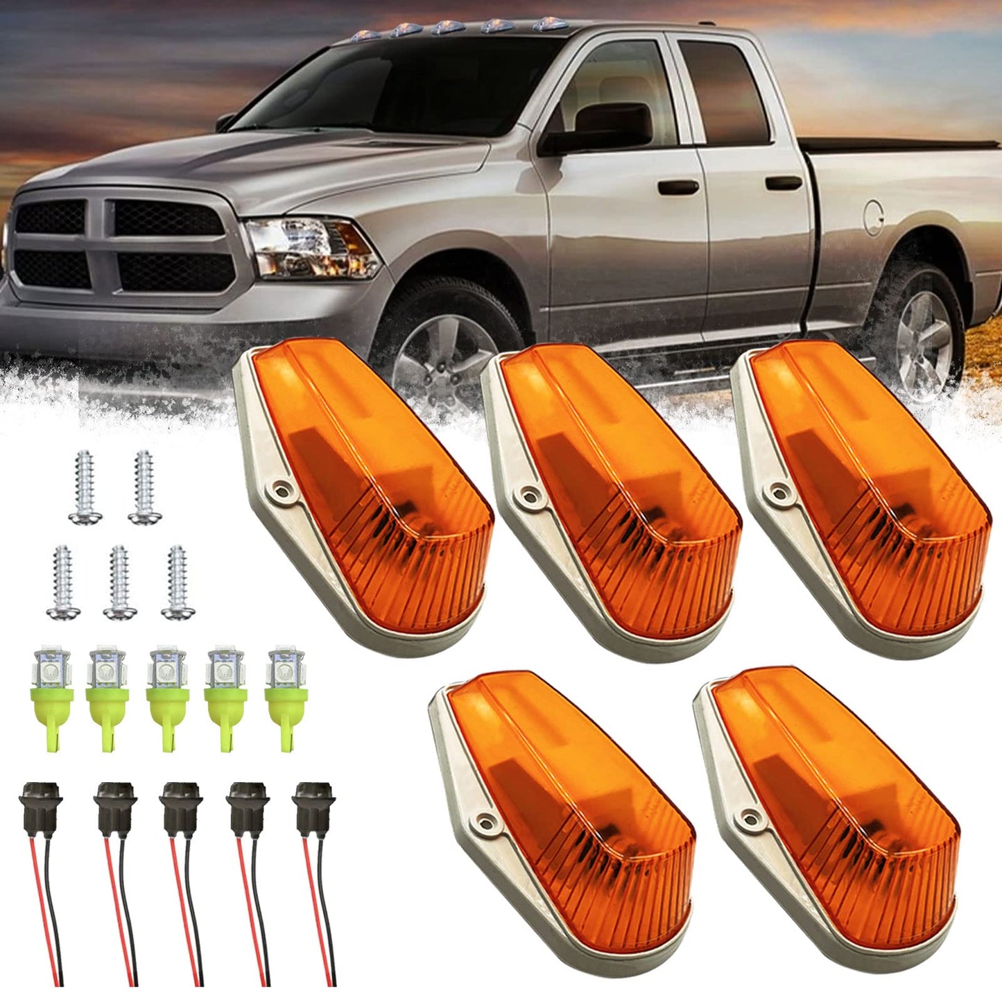 5PCS Cab Lights Compatible with 1973-1997 Ford F-150 F-250 F-350 F-450 F-550 Super Duty Pickup Trucks, Amber LED Roof Marker Light Kit