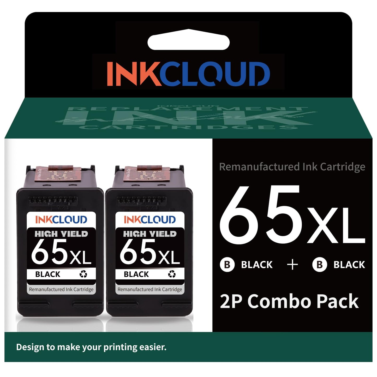 INKCLOUD Remanufactured 65XL Black Ink Cartridges for HP 65 XL 65XL Black 2 Pack, Compatible with DeskJet 3755 2655 2600 2622 2652 3720 3752, Envy 5055 5000 5052 5058, AMP 100 120 130 Printer