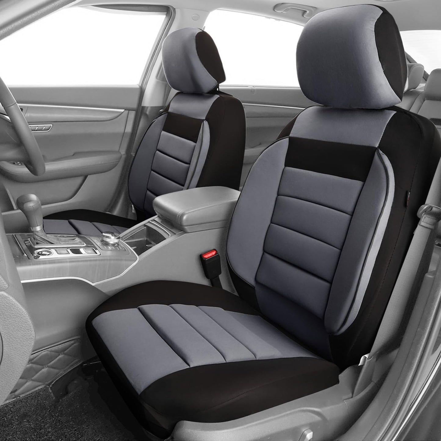 CAR PASS 6PCS Elegance Universal Fit Two Front Car Seat Covers Set, Foam Back Support, Airbag Compatible, 100% Breathable (Black with Gray)