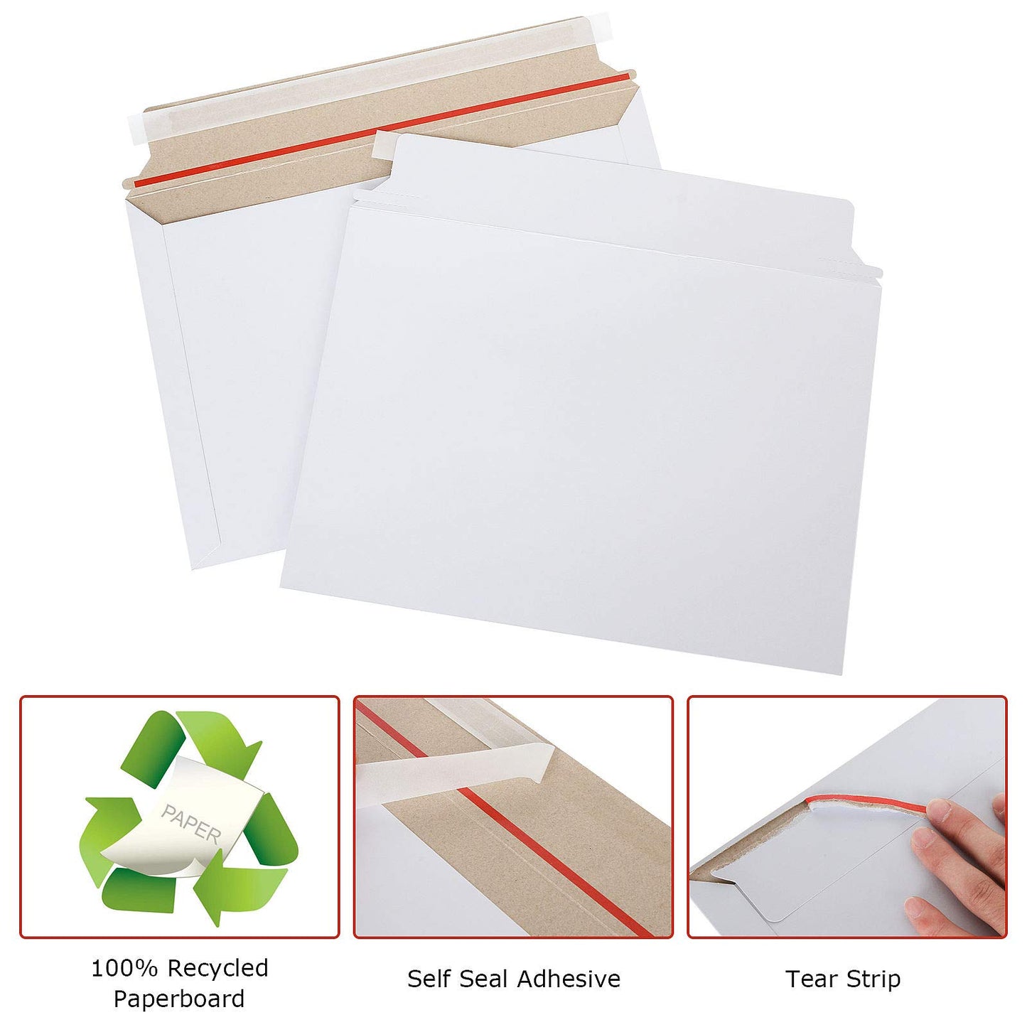 Feng 100 Pack 12.75 x 9 Inch Rigid Paperboard Mailers Stay Flat Photo Document Rigid Mailers Self-Seal Cardboard Envelopes White Chipboard Mailers