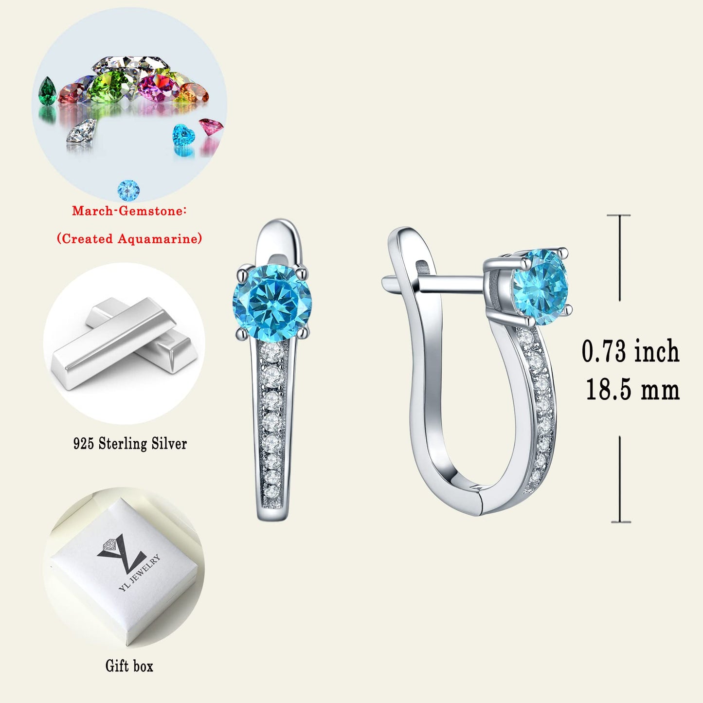 YL Created Blue Aquamarine Hoop Earrings for Women, Solid Sterling Silver U Shape Halo Huggie Birthstone Jewelry Gifts for Women Her