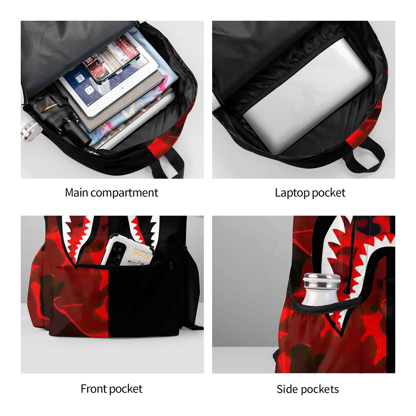 Vkaxopt Backpack Shark Teeth Camo Backpacks Travel Laptop Daypack Big Capacity Bookbag Fashion Durable for Men and Women, Red Black Shark, 11 x 16.9 x 6.3 inches, Daypack Backpacks