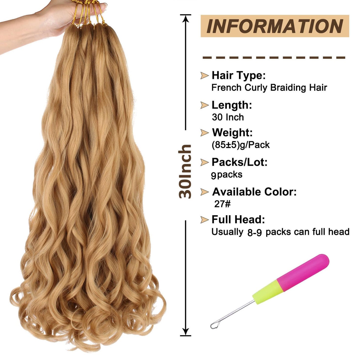 9 Packs French Curl Braiding Hair 30 Inch French Curls Braids Hair Pre Stretched Bouncy Loose Wavy Braiding Hair Synthetic Crochet Braids Hair For Box Braids Hair Extension For Women（30 Inch，27#）