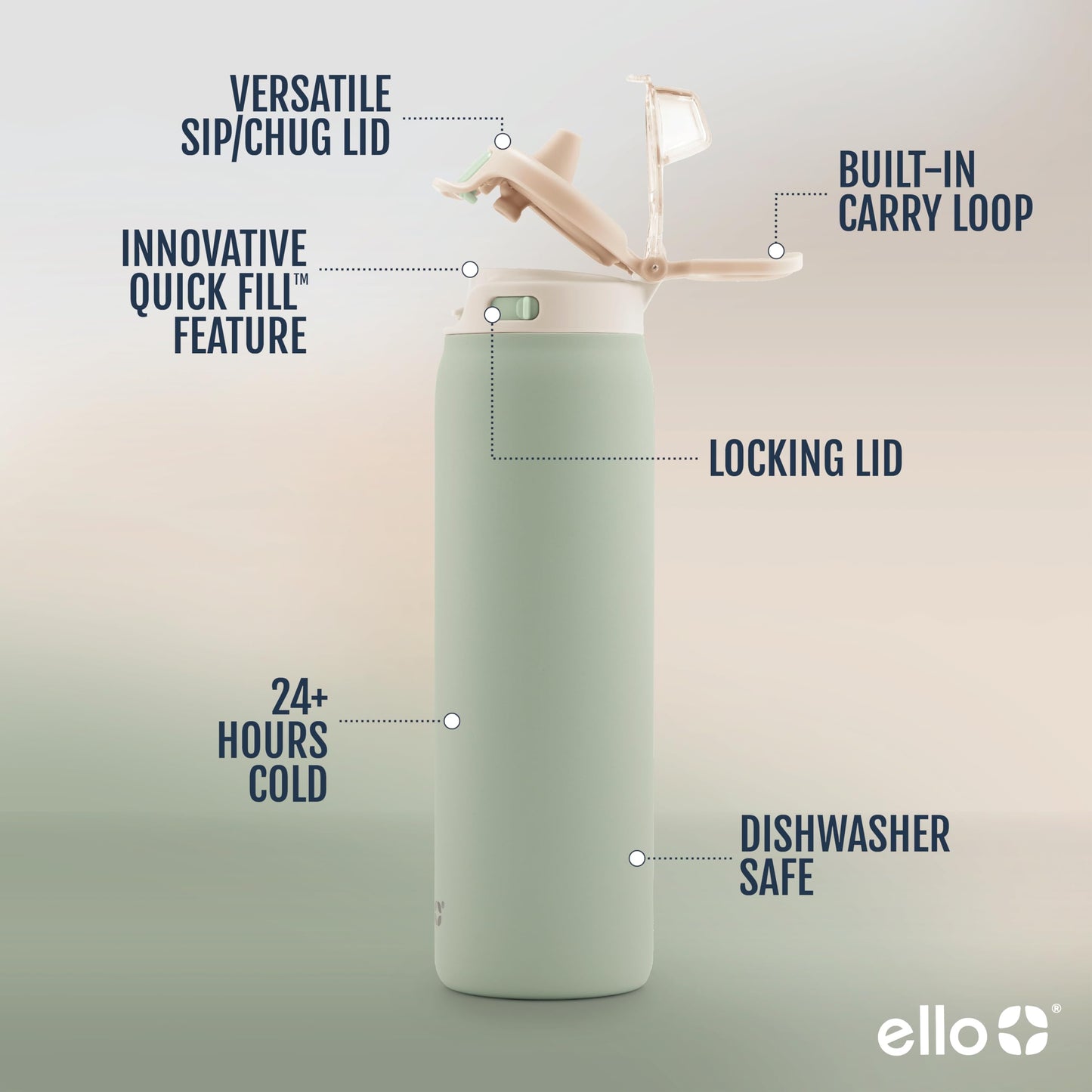 Ello Pop & Fill 22oz Stainless Steel Water Bottle with QuickFill Technology, Double Walled and Vacuum Insulated Metal, Leak Proof Locking Lid, Sip and Chug, Reusable, BPA Free, Pistachio