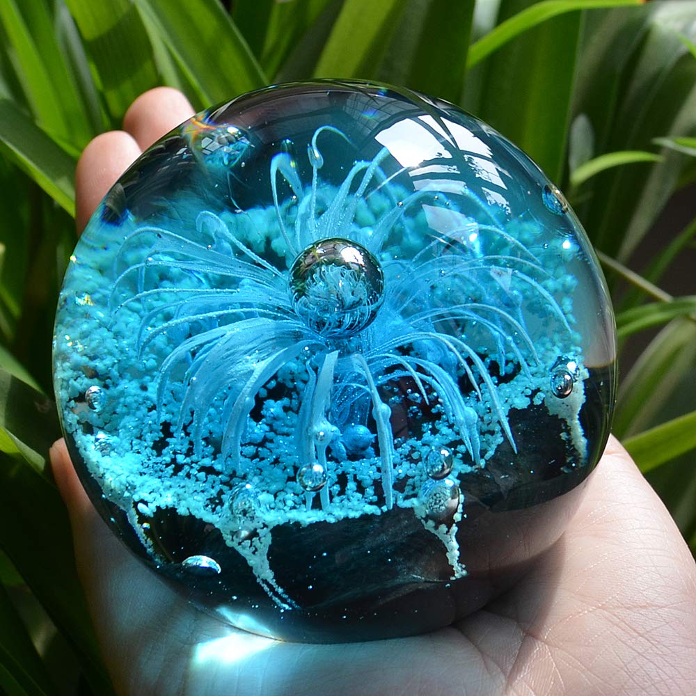 Hand Blown Glass Blue Flower Sphere Figurine, Blue Paperweight Ball, Sea Plant Ornament for Fish Tank Aquarium, Sea Plant Collection for Birthday Gift