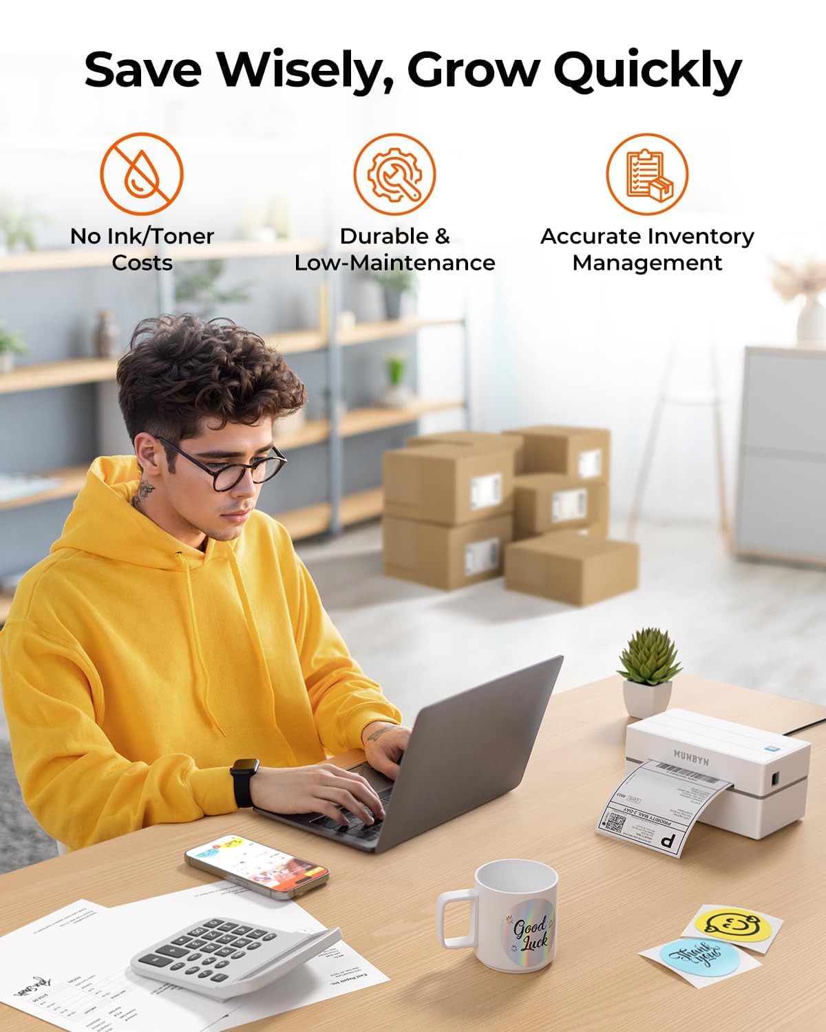 MUNBYN Bluetooth Thermal Shipping Label Printer, 130B Wireless 4x6 Label Printer for Small Business Office, Compatible with iPhone, Android, iPad, Windows, macOS, Canada Post, UPS, Purolator (White)