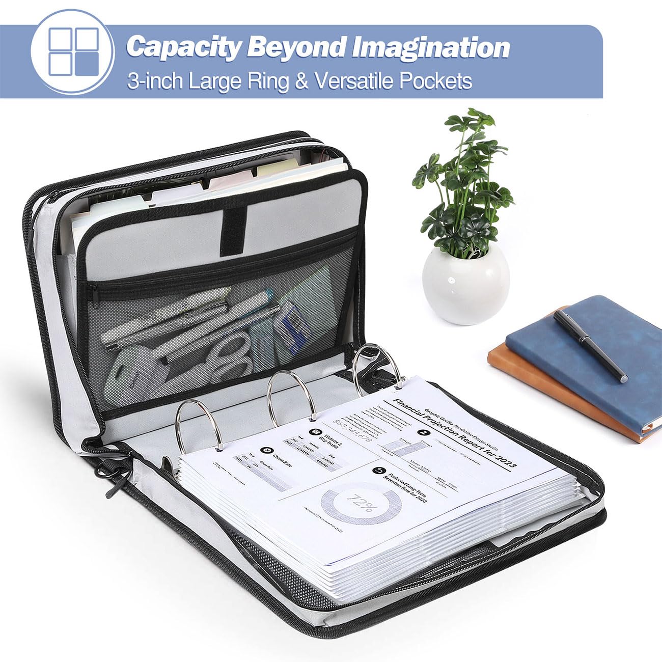 MoKo Zipper Binder, 3 Inch 3 Ring Binder with 600 Sheet Capacity Multi-Pocket School Organizer, Handle and Shoulder Strap Included, Blue & Gray