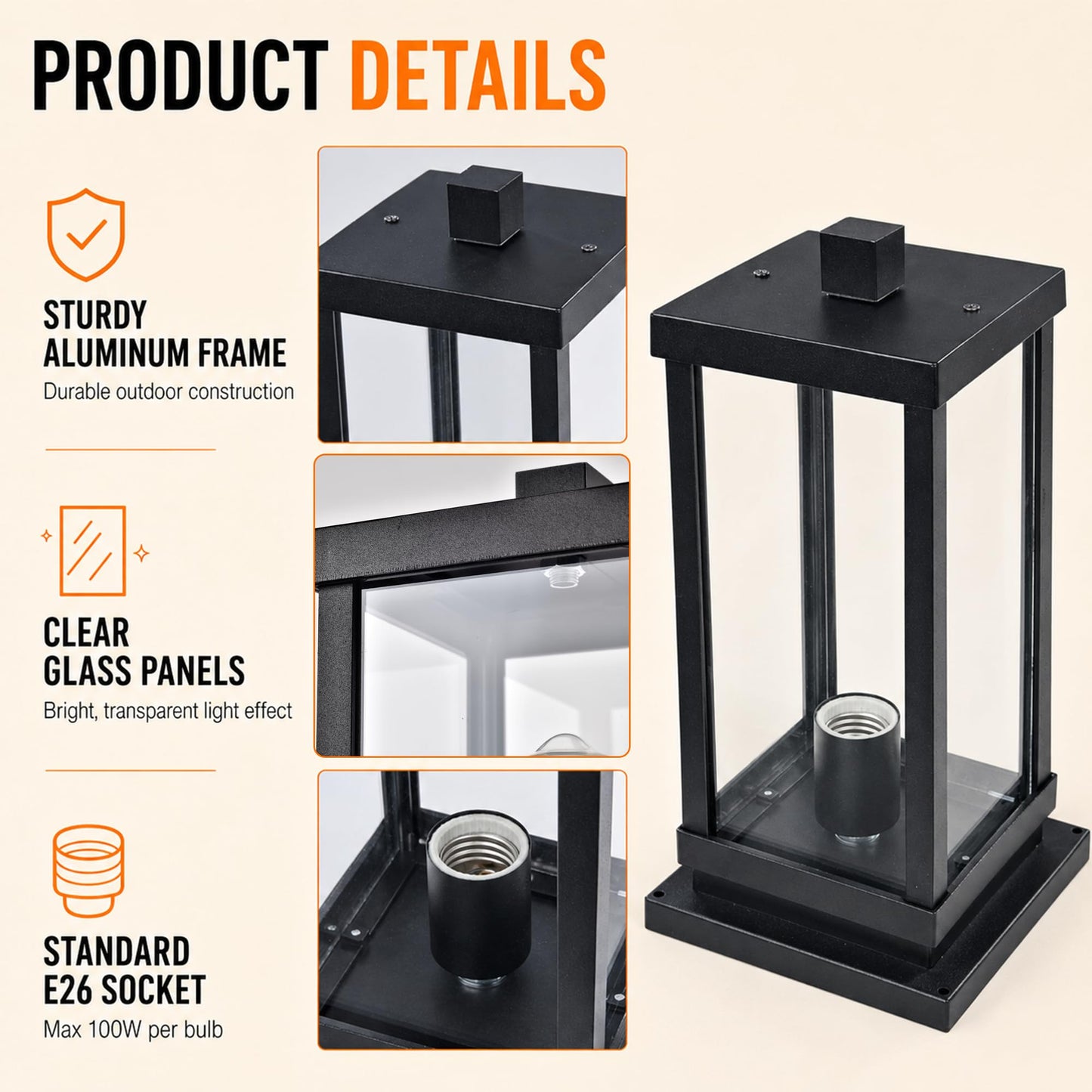 Modern Outdoor Post Light Fixture, Hardwired Aluminum and Clear Glass Lamp Post Lantern, Waterproof Exterior Light for Yard, Driveway, Garden, Gate Pillar,E26 Base (Bulb Not Included)