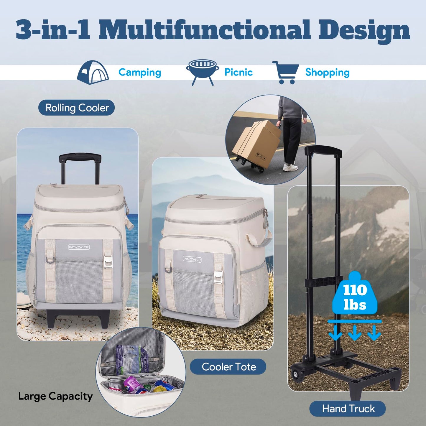 INSMEER Cooler with Wheels and Handle, 80 Cans/50L, Portable Rolling Coolers, 2-in-1 Collapsible Trolley Cart, Large Coolerbag for Grocery Shopping