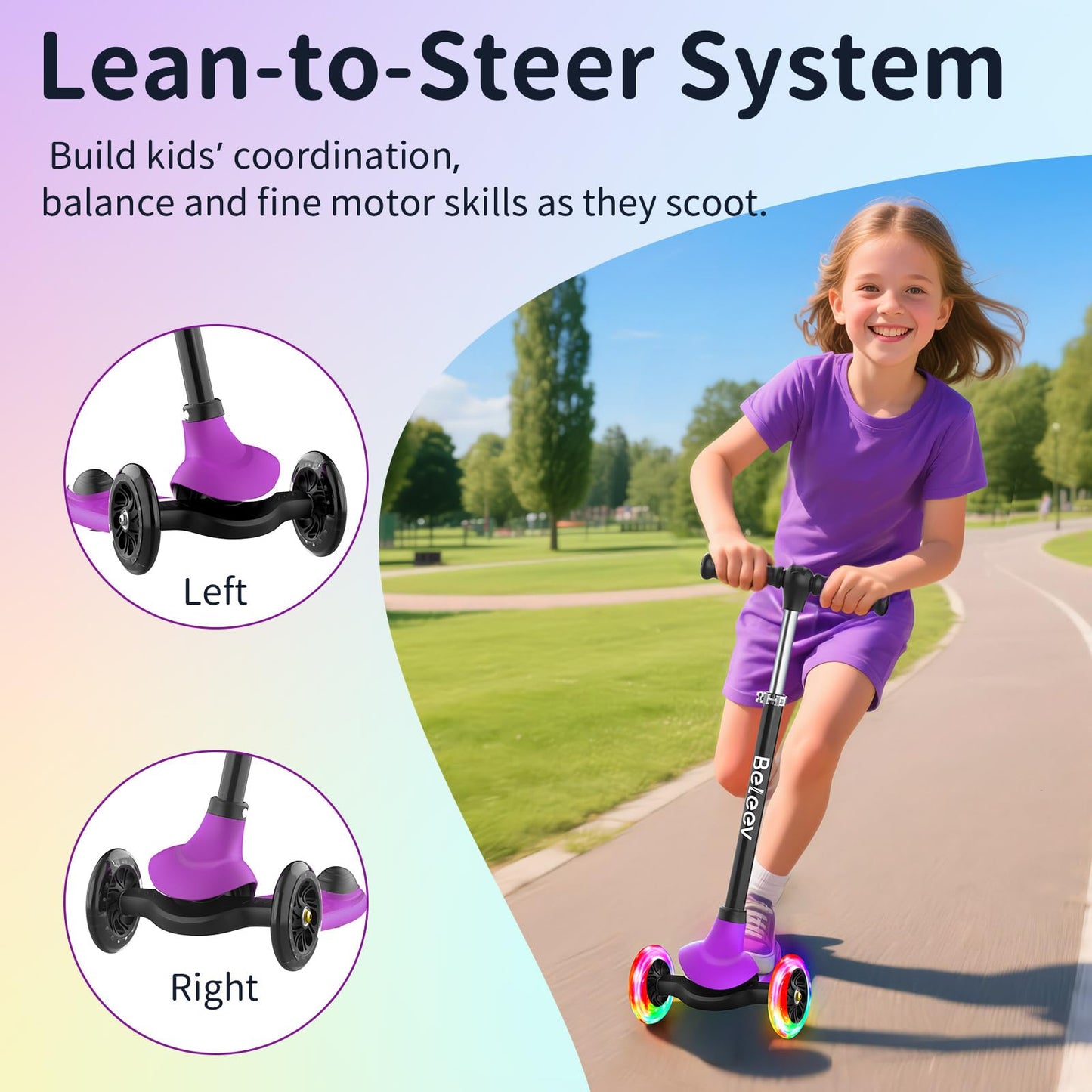 BELEEV A6 Scooter for Kids with Light-Up Deck & Wheels, 3 Wheel Kick Scooter for Toddlers Girls Boys Ages 3-8, 4 Adjustable Height, Non-Slip Deck, Lightweight Scooter for Children (Purple)