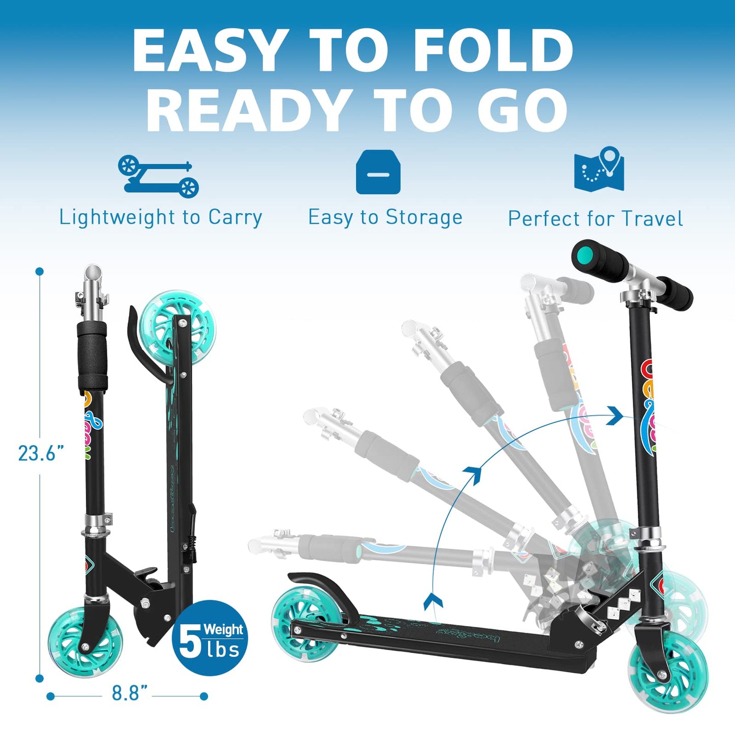 BELEEV V1 Scooter for Kids Ages 3-12, 2 Wheel Folding Kick Scooter for Children Girls and Boys, 3 Adjustable Height, LED Light Up Wheels, Lightweight Scooter with Sturdy Kickstand