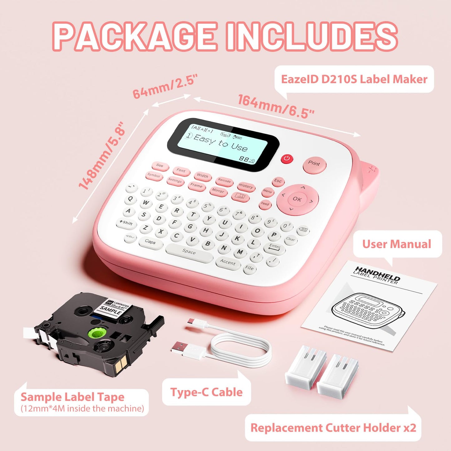 Label Maker Machine with Tape, Portable Pink Label Maker for Kids, EazeID D210S Easy Cute Label Makers Printer, QWERTY Keyboard Labeler with Multiple Fonts Frame for Home Office School Supplies