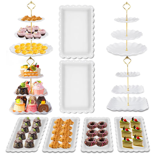 10 Pack Dessert Table Display Set, 4 Sets 3 Tier Cupcake Stand, 6 Pcs Food Serving Trays, Tiered White Plastic Cup Cake Tower for Birthday Baby Shower Wedding and Tea Party Supplies (10, Large)