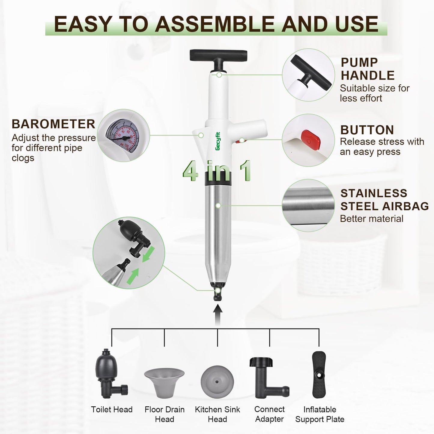 Gecyfit Toilet Plunger, High Pressure Drain Unclogging Tool, Plungers for Bathroom, Floor, Shower, Sink Heavy Duty, Multi-Purpose Air Pump Plunger for Toilet, Toilet Snakes for Hair Clog Remover