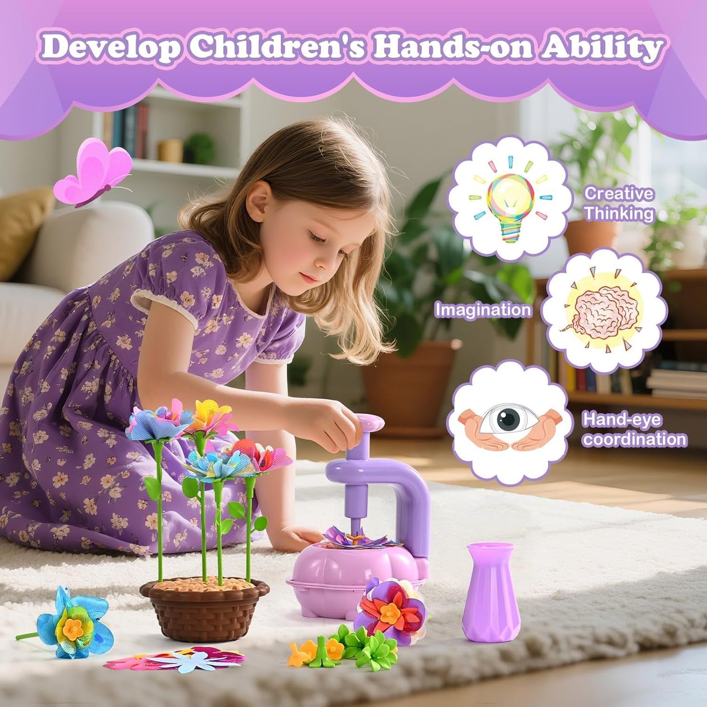 BlueSwan Girls DIY Fabric Flower Bouquets Toys, Kids' Flowers Press Kits, Poke-in Arts and Crafts Birthday Gifts for 4-12 Year Old Girl, Lovely Mothers Day Gifts 36 Flower Holders, Interactive Toy