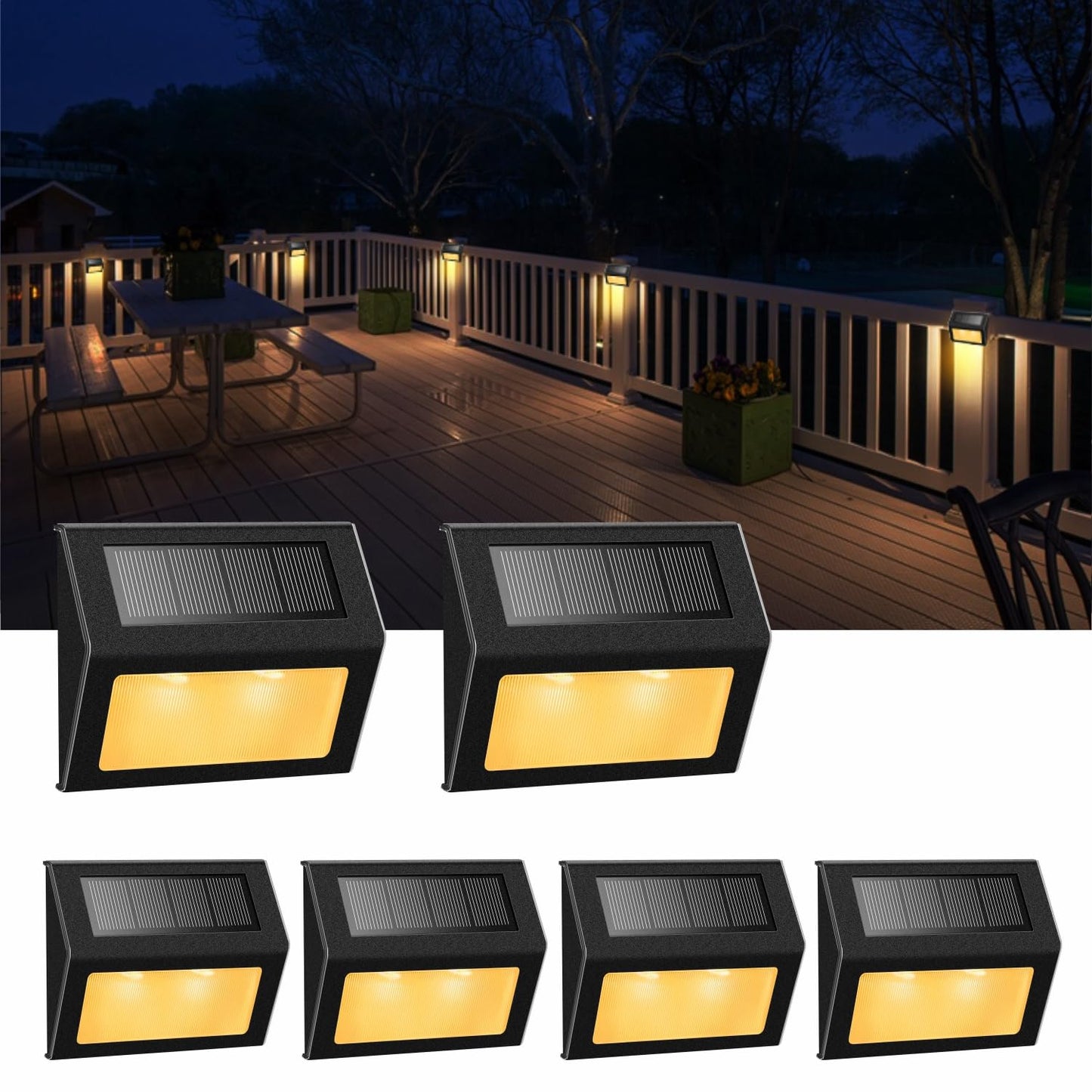 Solar Lights for Steps Decks Pathway Yard Stairs Fences, LED lamp, Rainproof, Black Metal case, 6 Pack