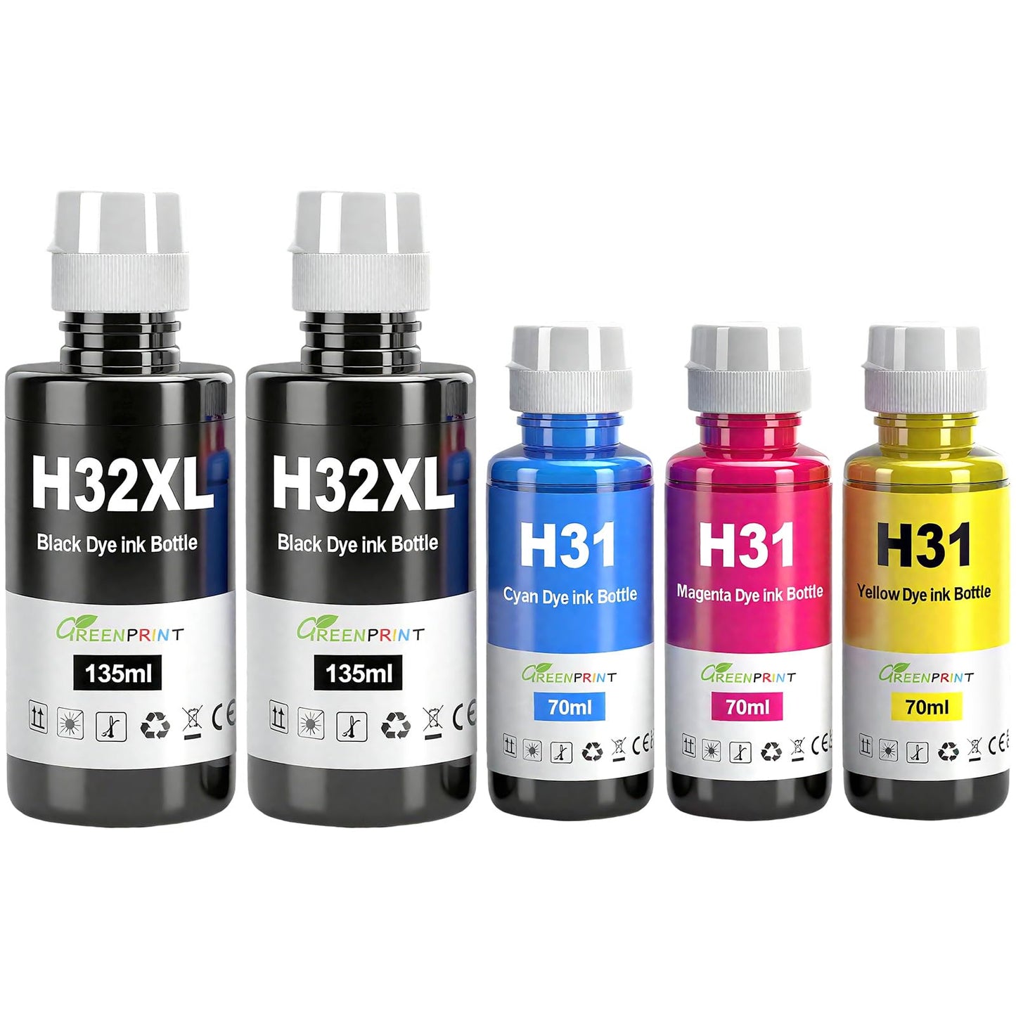 GREENPRINT 31 32XL Ink Bottles Multipack Compatible for H P Smart Tank 5000 5100 5101 5102 5103 5104 6001 6002 7001 7002 7301 7302 7602 Plus 551 570 578 651 Printer (5 Packs 2BK/C/M/Y)